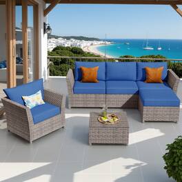 Ovios - 6 PCS Sectional Patio Furniture with Single Armchair, Coffee Table & Ottoman No Assembly Required - Navy Blue