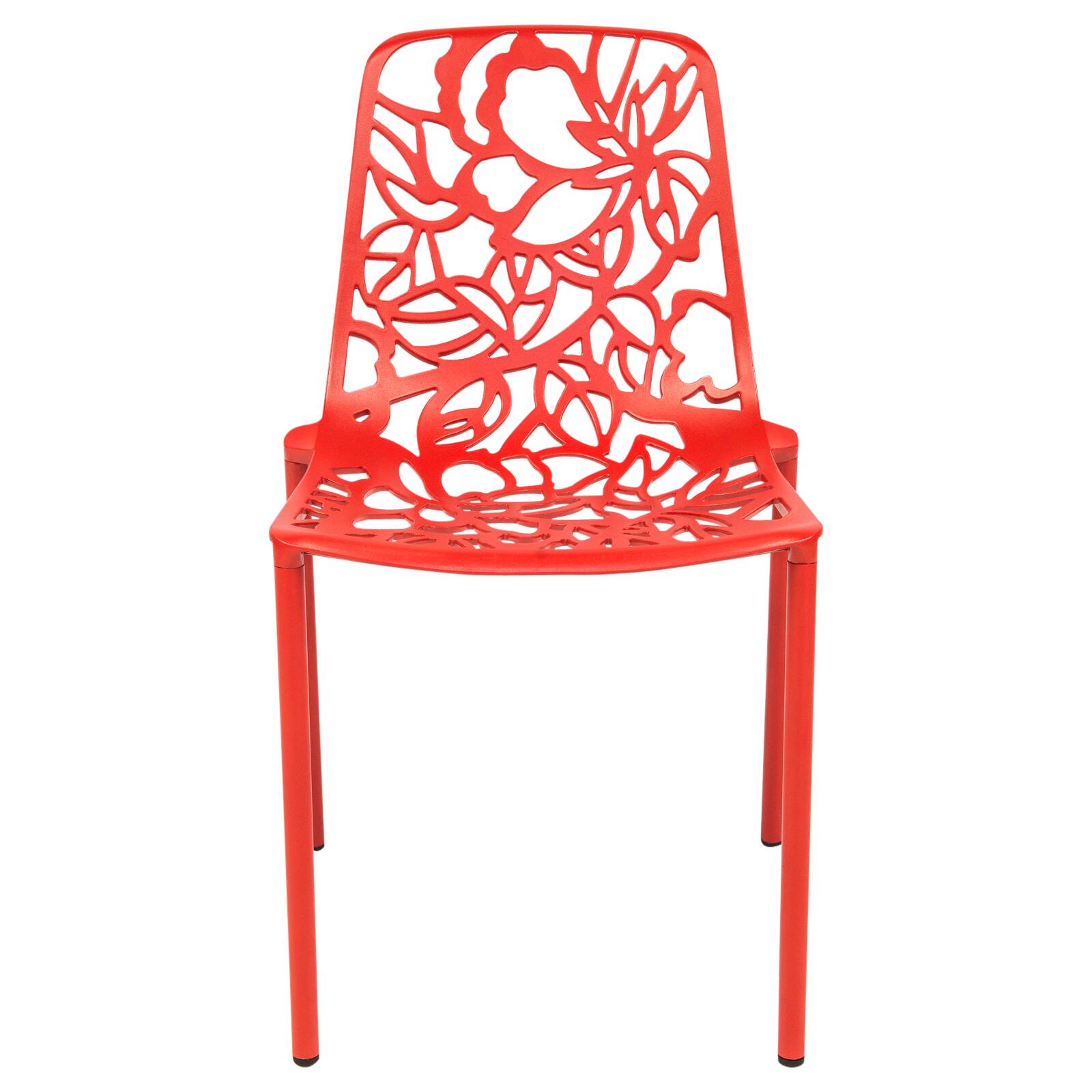 Alt View 2. LeisureMod - Devon (Set of 4) Modern Floral Stackable Aluminum Chair - Weather Resistant Indoor/Outdoor Dining Chair - Red.