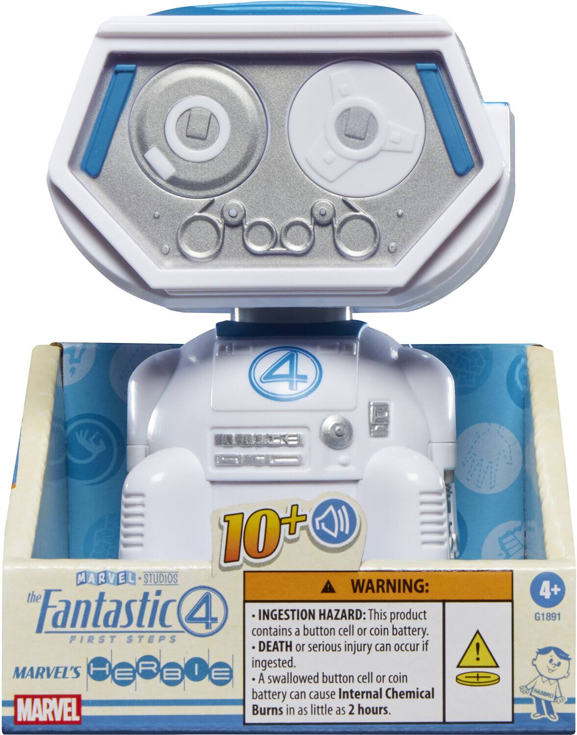 Sure, here is the corrected and grouped text from the image:

---

**MARVEL STUDIOS**  
**the Fantastic 4**  
**FIRST STEPS**  
**MARVEL'S HERBIE**

**10+**  
**4+**  
**G1891**

**WARNING:**  
**INGESTION HAZARD:** This product contains a button cell or coin battery. DEATH or serious injury can occur if ingested. A swallowed button cell or coin battery can cause Internal Chemical Burns in as little as 2 hours.

---

**MARVEL**
