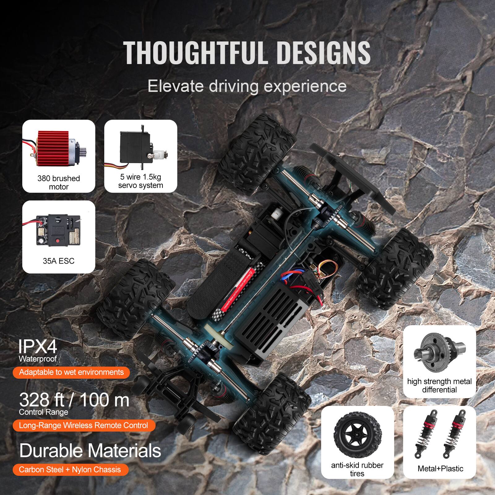 THOUGHTFUL DESIGNS  
Elevate driving experience  

- 380 brushed motor  
- 5 wire 1.5kg servo system  
- 35A ESC  
- IPX4 Waterproof  
  - Adaptable to wet environments  
- 328 ft / 100 m Control Range  
  - Long-Range Wireless Remote Control  
- Durable Materials  
  - Carbon Steel + Nylon Chassis  
  - anti-skid rubber tires  
  - high strength metal differential  
  - Metal+Plastic