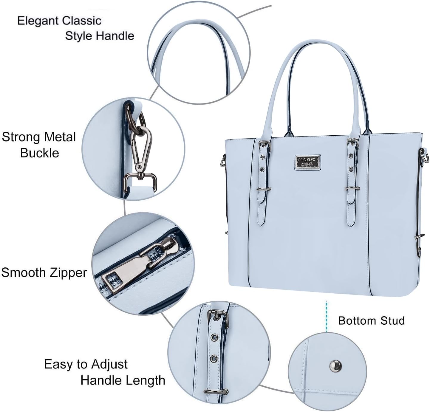 Elegant Classic Style Handle  
Strong Metal Buckle  
Smooth Zipper  
Bottom Stud  
Easy to Adjust Handle Length