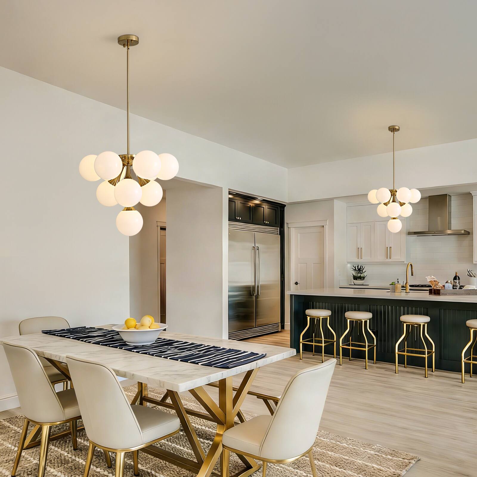 Alt View 2. Siljoy - 21.3" Gold 10-Light Sputnik Chandelier, White Glass Shades Adjustable for Dining Kitchen Living Foyer - Gold Brass.