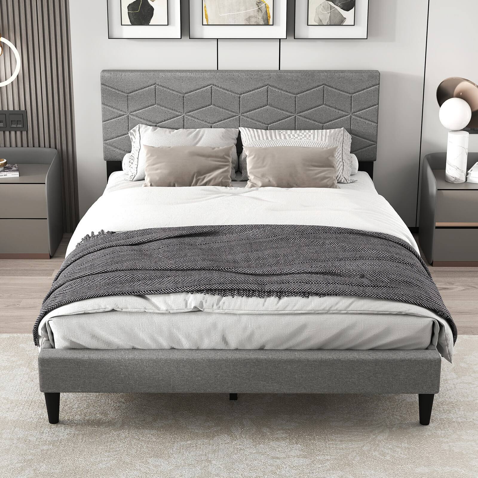 Alt View 1. Costway - Costway Full Size Bed Frame with Linen Fabric Upholstered Headboard & Wooden Slat Support - Gray.