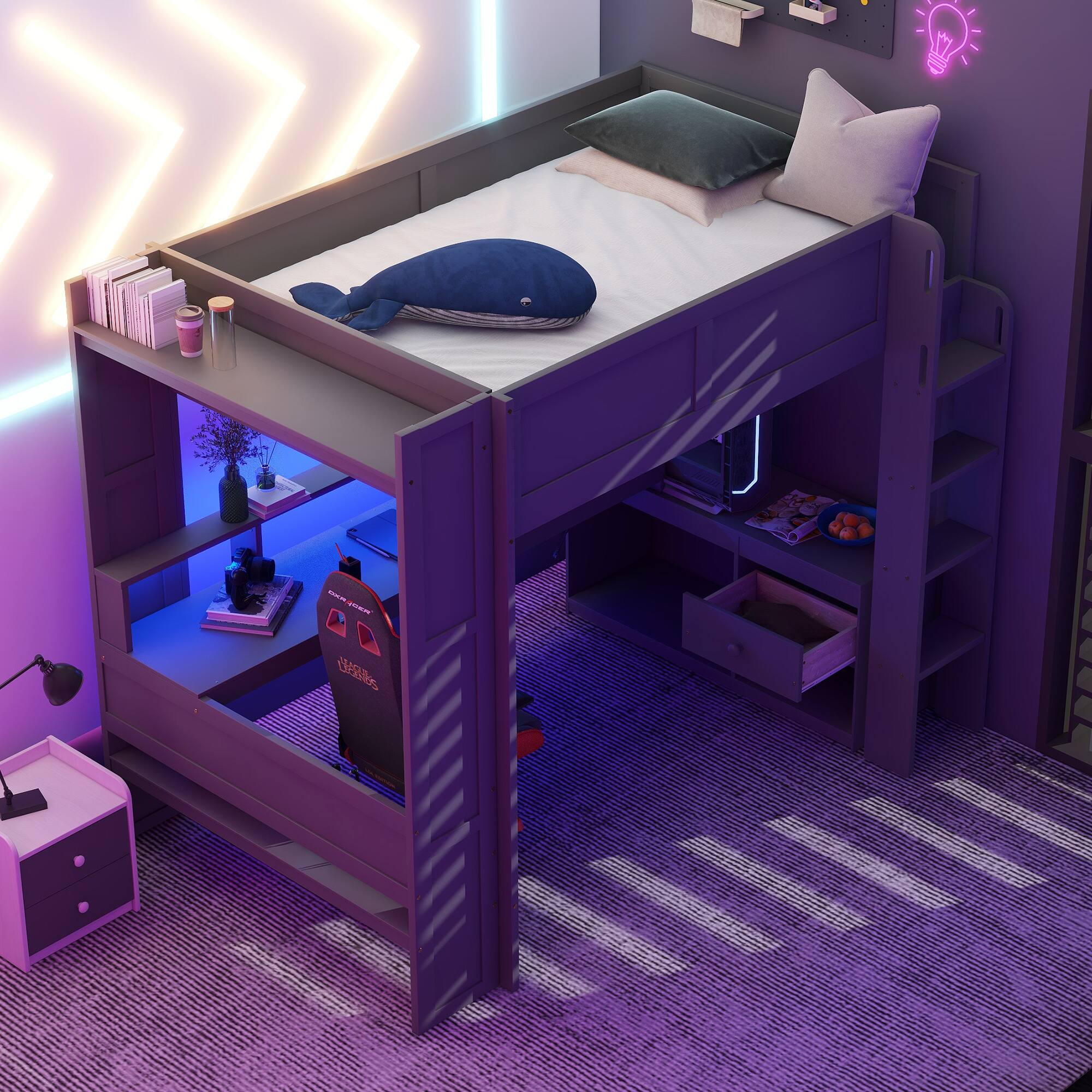 Back. Aukfa - Wood Full Size Gaming Loft Bed with Desk, Multi-storage Shelves, LED and Charging Station - Drak Gray.