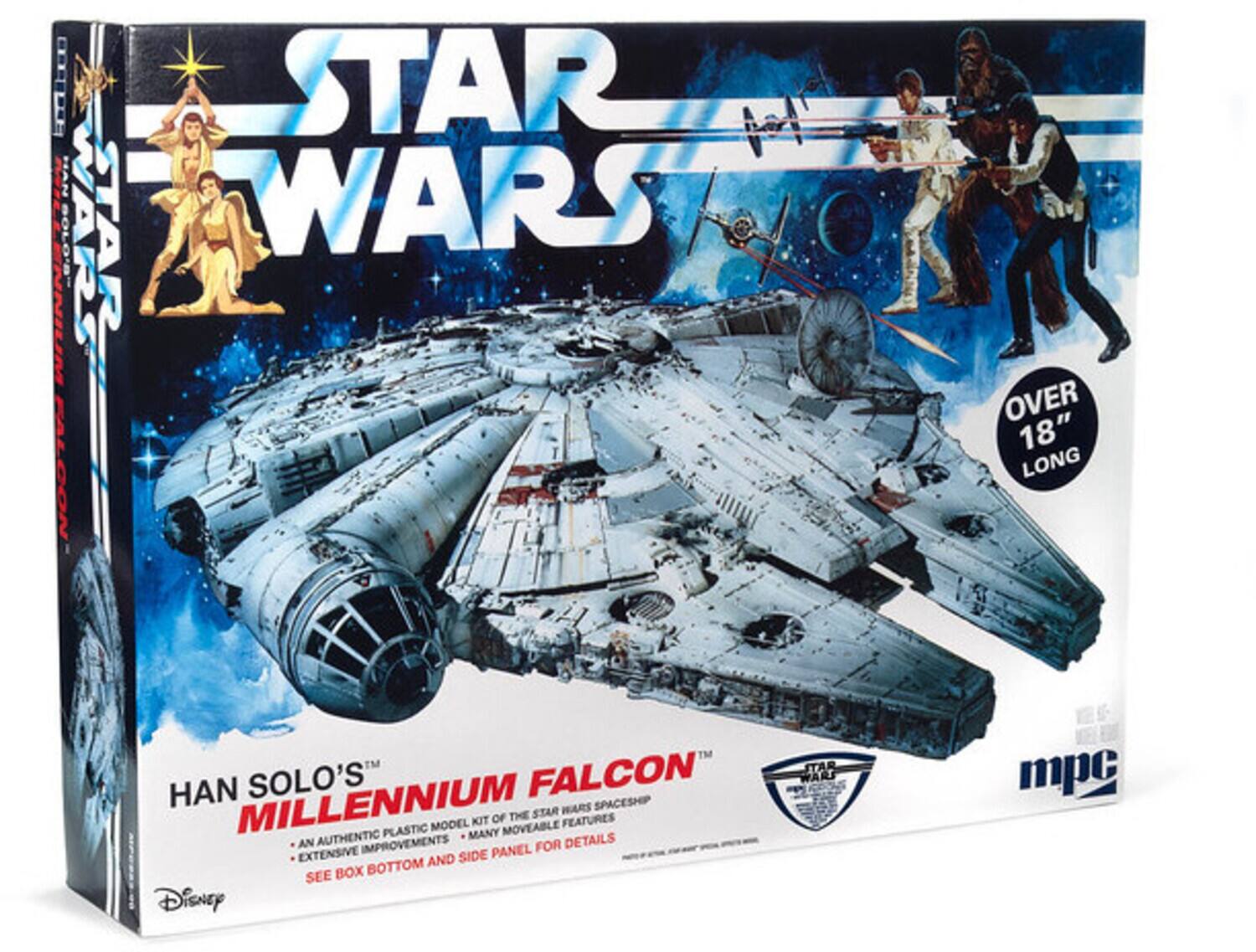 Star Wars  
Han Solo's Millennium Falcon  
Over 18" Long  
An Authentic Plastic Model Kit of the Star Wars Spaceship  
Many Movable Features  
Extensive Improvements for Details  
See Box Bottom and Side Panel for Details  
Disney  
MPC