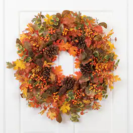 Northlight - Eucalyptus, Maple Leaves and Acorns Artificial Fall Harvest Wreath - 30" - Orange