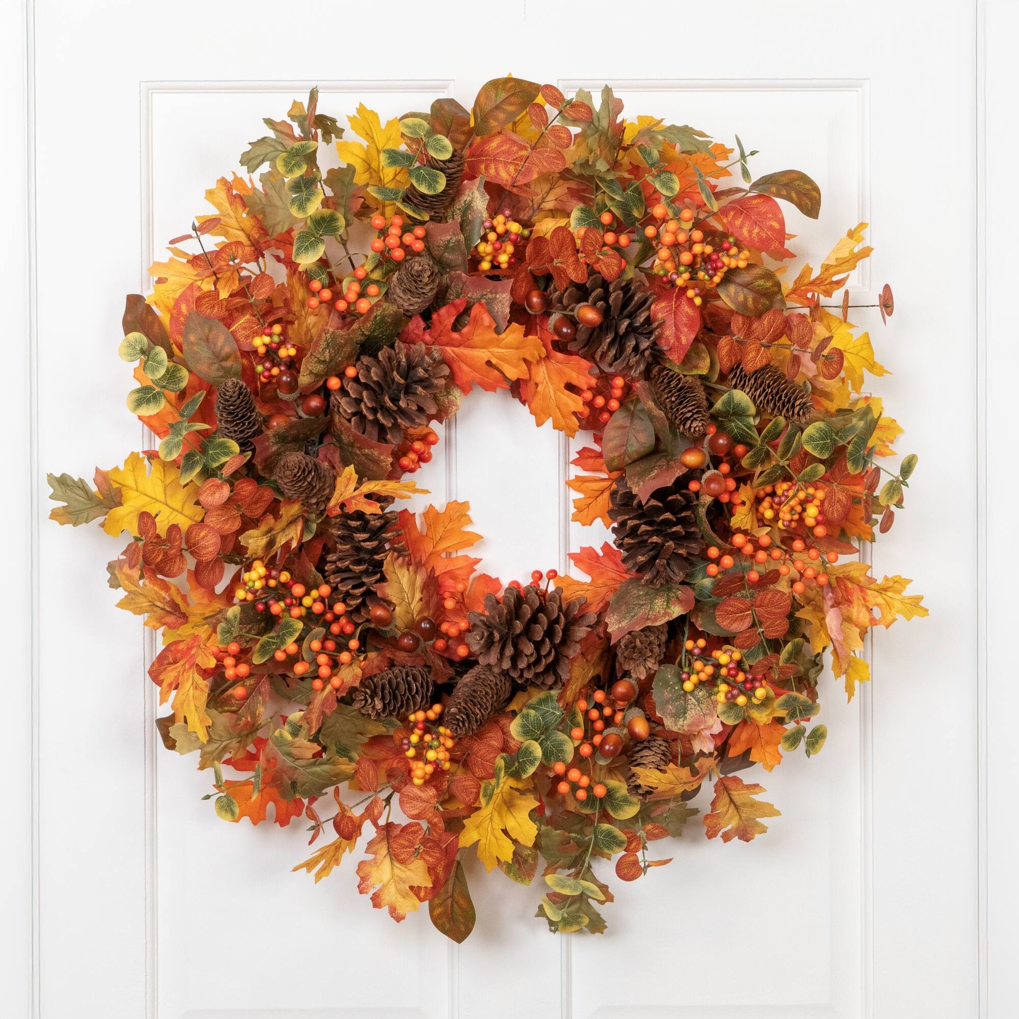 Front. Northlight - Eucalyptus, Maple Leaves and Acorns Artificial Fall Harvest Wreath - 30" - Orange.