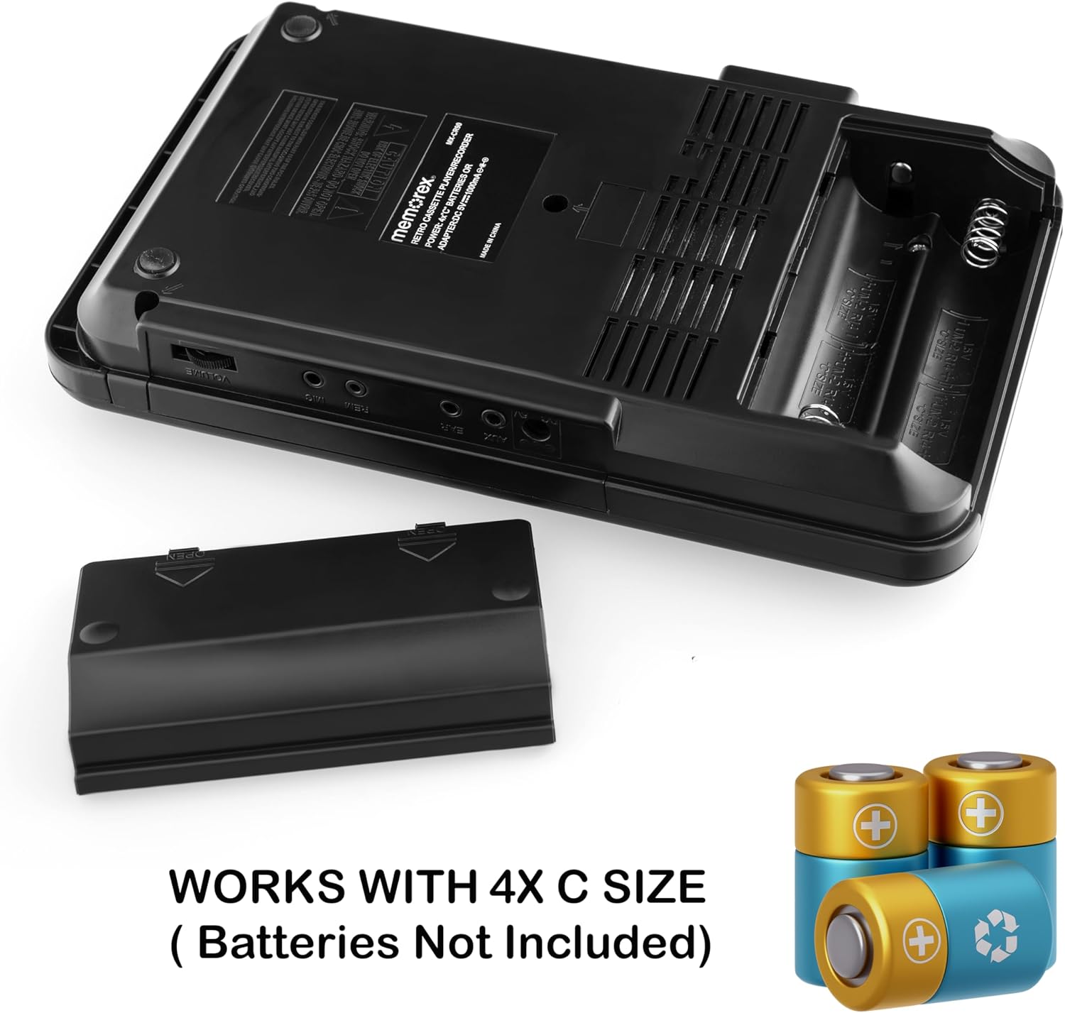 The text on the image can be grouped and corrected as follows:

- "MR EPLAVER RECORDER NATTENES OR 5 T memorex. CASBETT R NETRO POMER JAPIENDC I ! . STR TP UY 0823 NECL WORKS WITH 4X SIZE (Batteries Not Included) +++"

Corrected text:
- "MR EPLAVER RECORDER NATTENES OR 5 T memorex. CASBETT R NETRO POMER JAPIENDC I! STR TP UY 0823 NECL WORKS WITH 4X C SIZE (Batteries Not Included) +++"

This correction assumes that "NATTENES OR 5 T" and "CASBETT R NETRO POMER JAPIENDC I" are likely typos or misinterpretations of the original text. The rest of the text seems to be a mix of product information and possibly a model number or serial code.