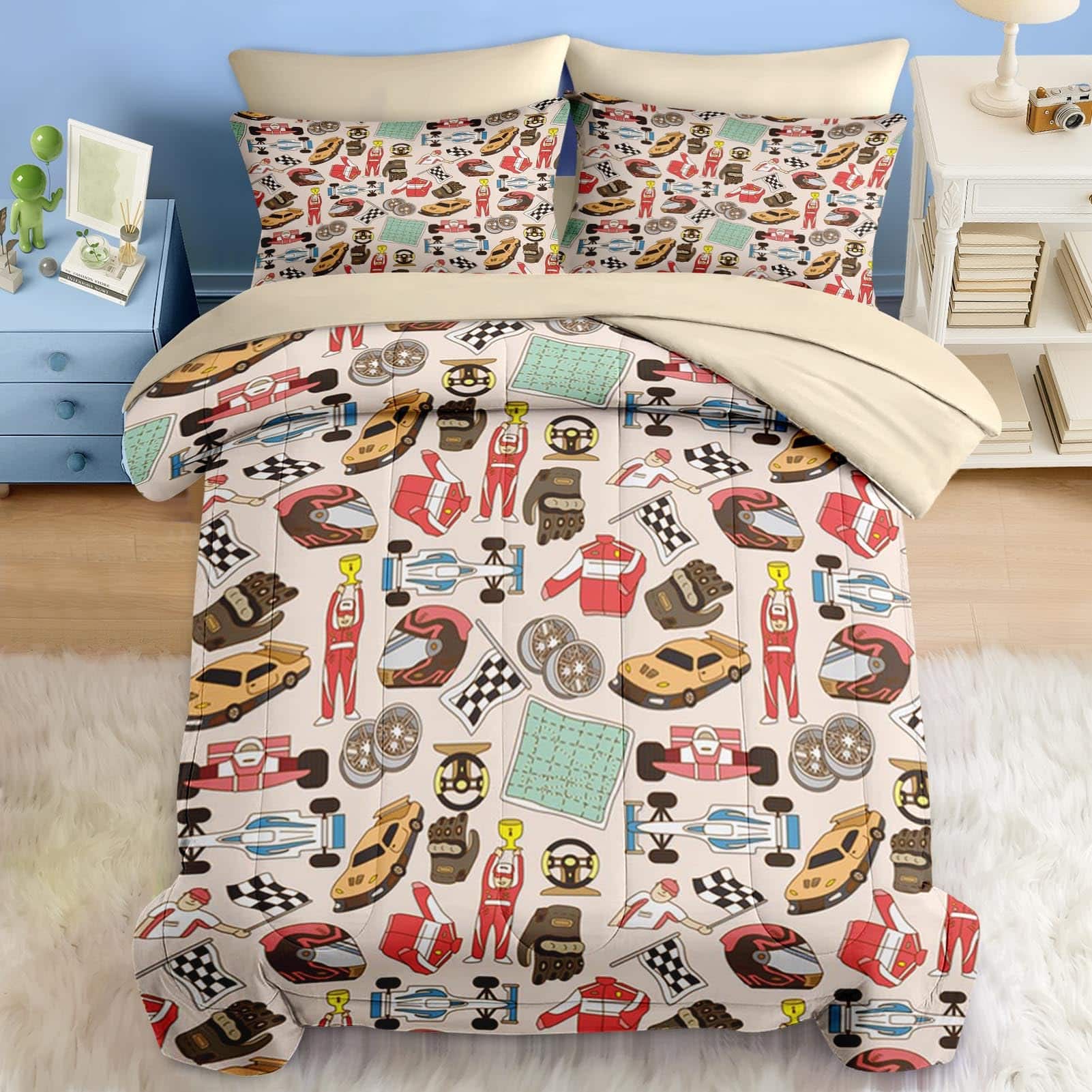 PO3TICJUNKI3 - Comforter Set Cute Polka Dot 7 Bedding For And Adults Colorful Glitter Bed Sheet Sets With Fitted 2 - Cartoon Car 1-Queen