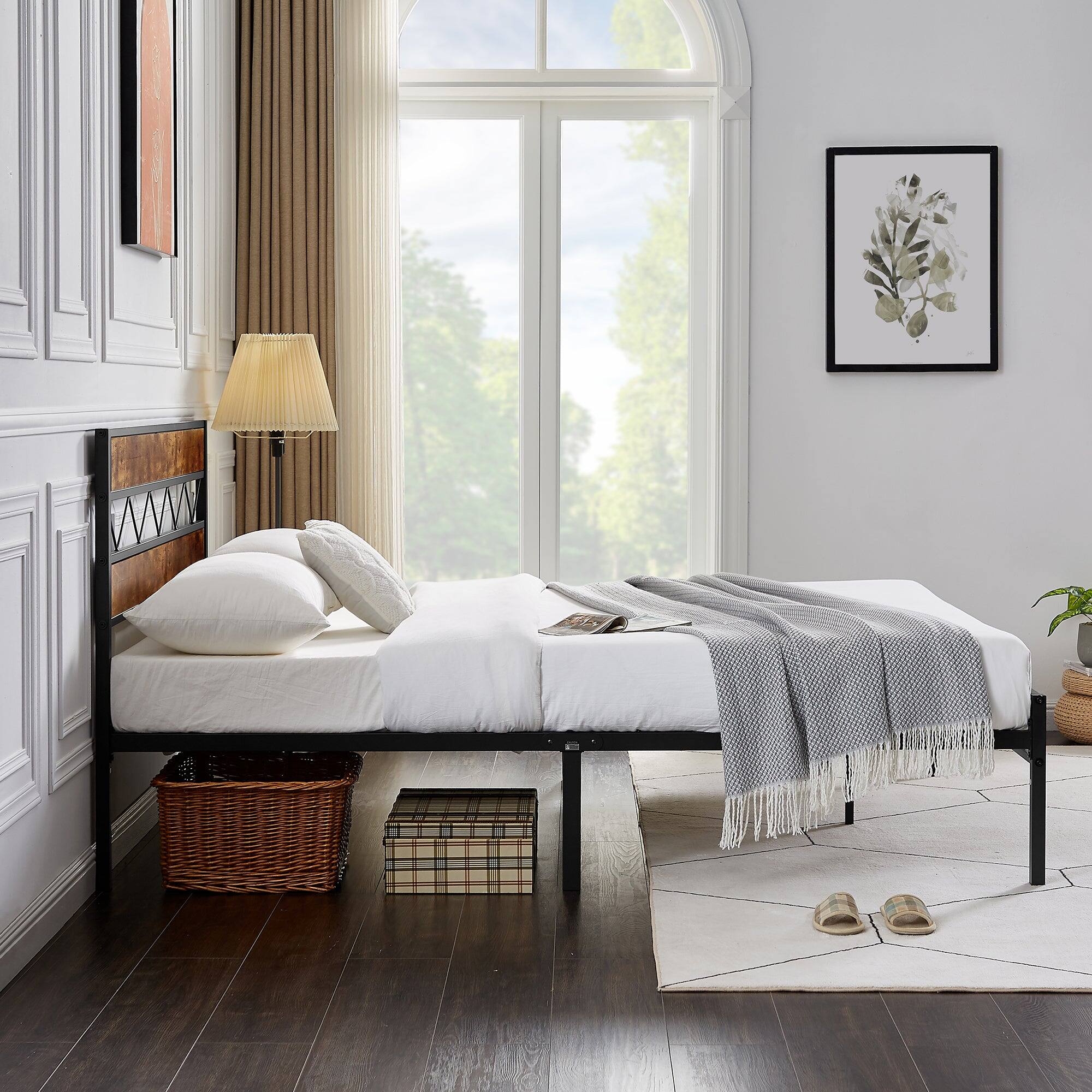 Back. Vecelo - Queen Size Metal Bed Frame with Wood Headboard, Platform Bed Frame with Storage, No Box Spring Needed - Black.