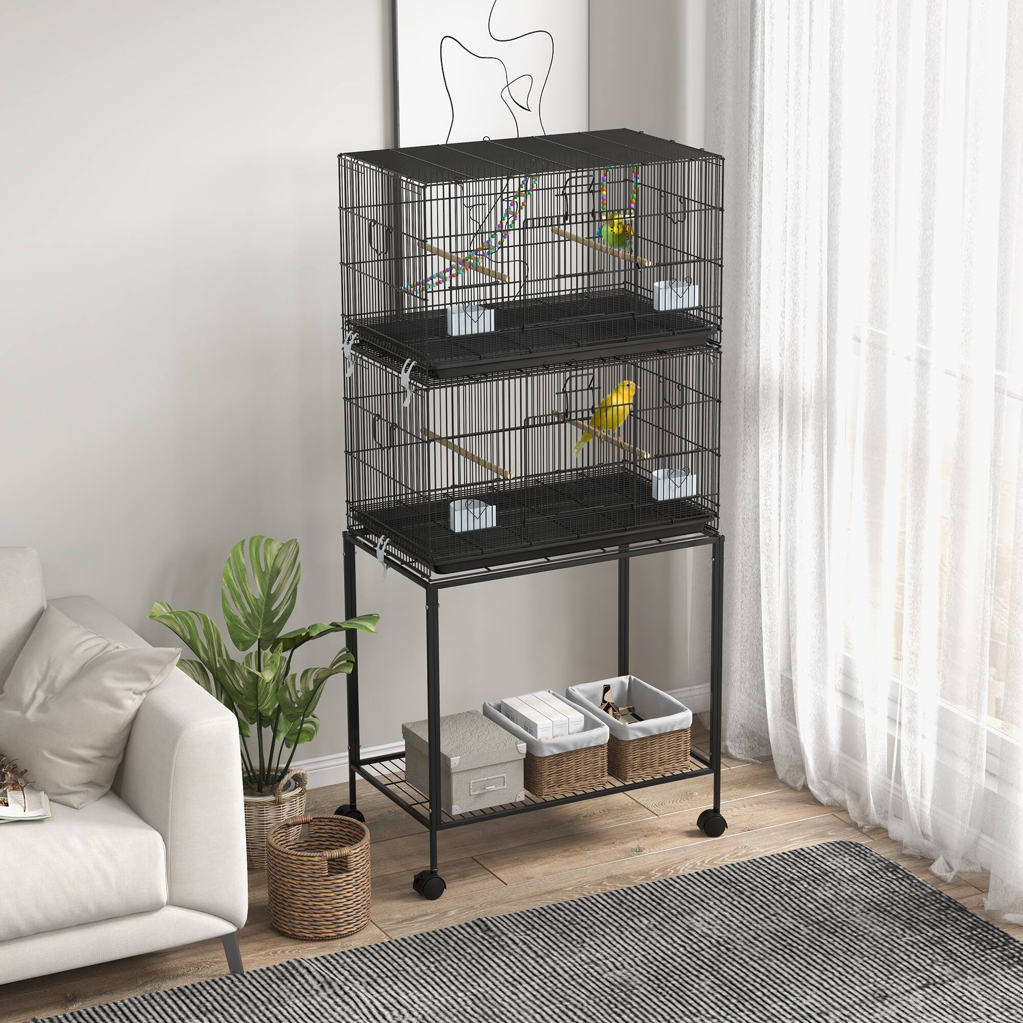 Angle. Pawhut - Double Stackable Bird Cage with Stand, Swing, Rope Ladder, Wheels, Storage Shelf, Removable Tray, Perches.