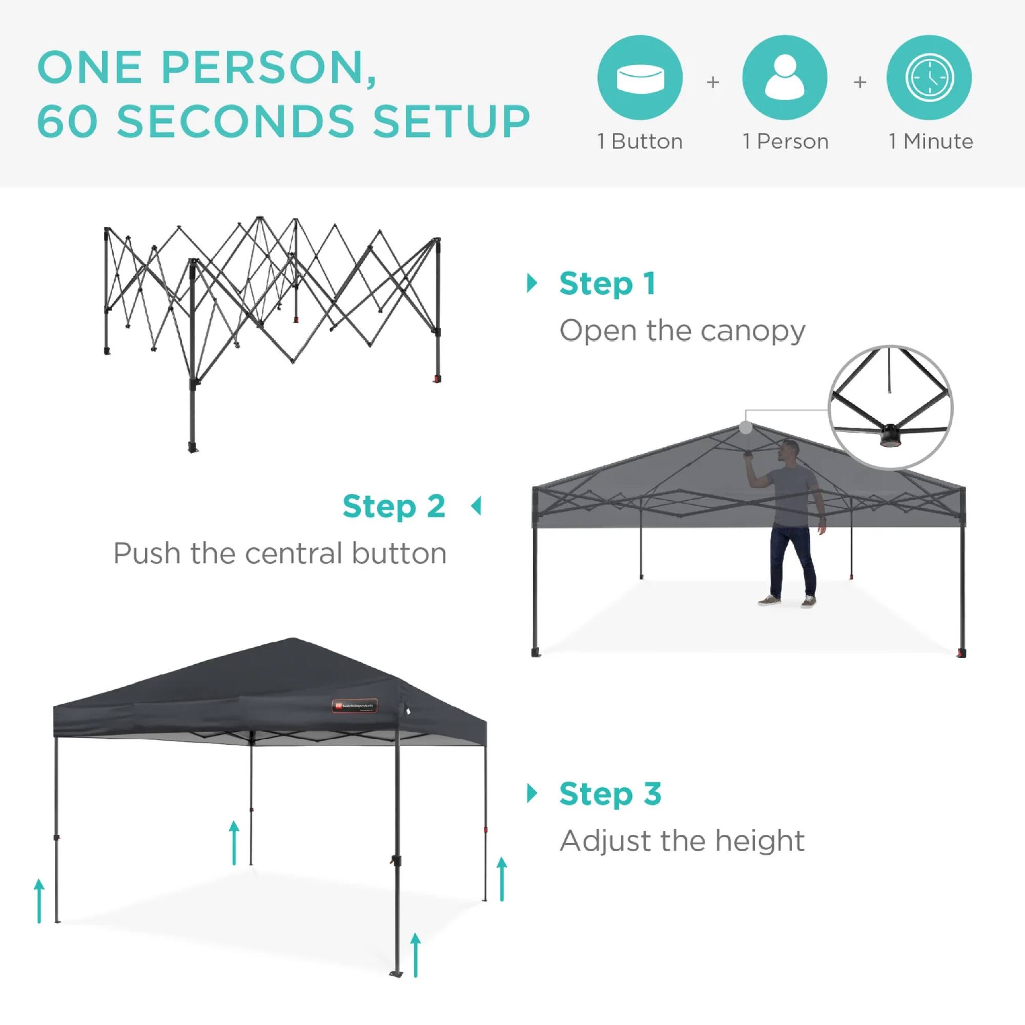 ONE PERSON, 60 SECONDS SETUP

1 Button + 1 Person + 1 Minute

Step 1
Open the canopy

Step 2
Push the central button

Step 3
Adjust the height
