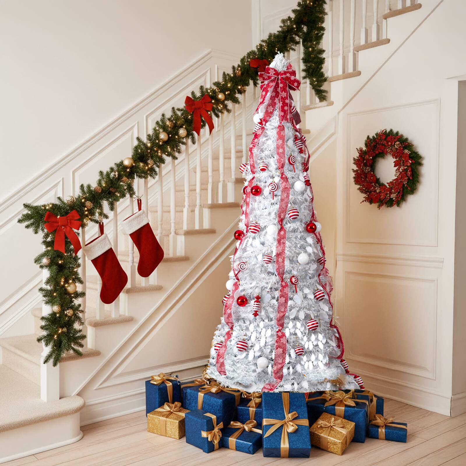 Left. VAVSEA - 6 ft Fully Decorated Pre-Lit Pop Up Christmas Tree with 100 Warm Lights & Red Ornaments for Holiday Decor, White - White.