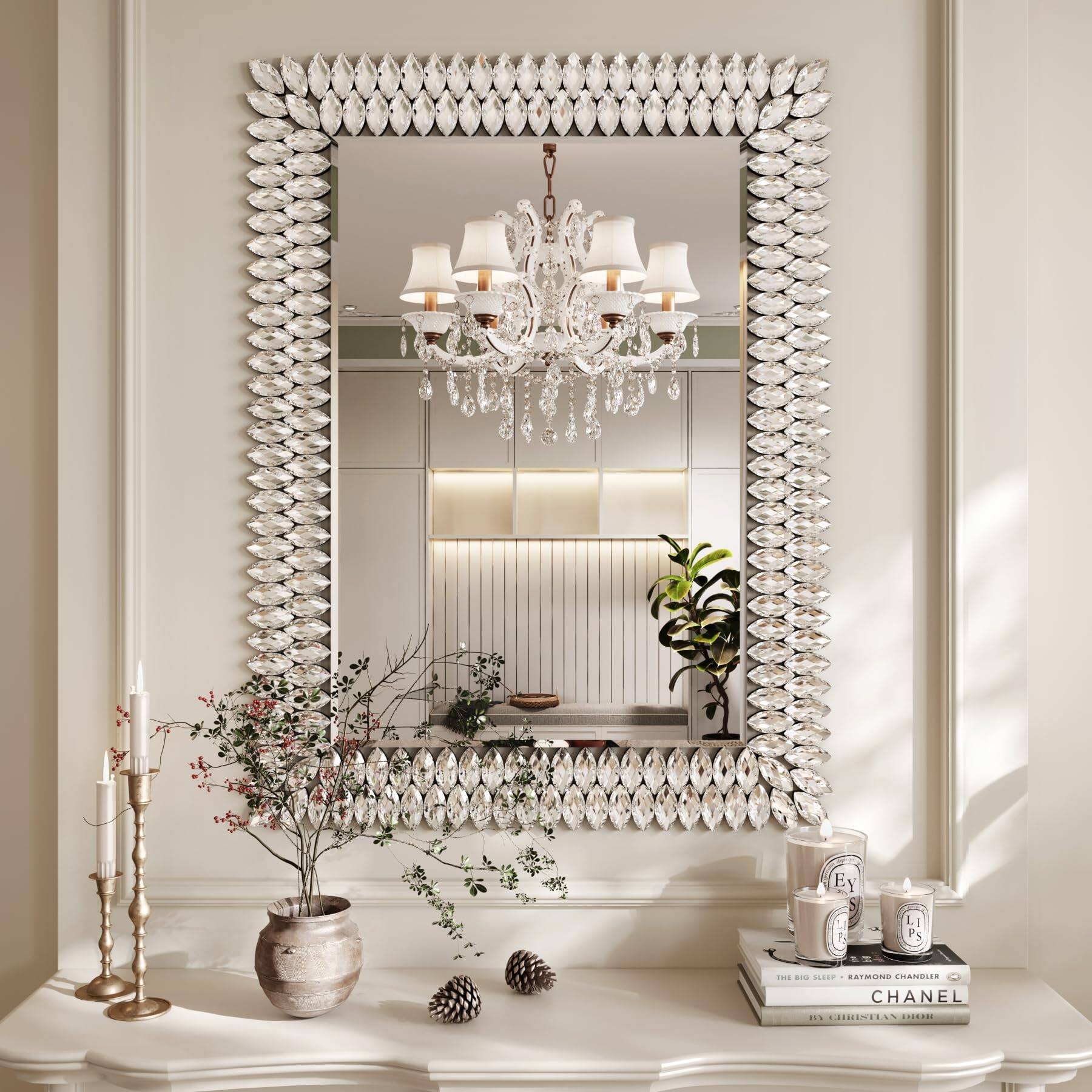Comfort Essence - Jeweled Luxury Bathroom Mirror For Wall 24"x36" Rectangle Decorative Vanity With Master Bath Half Living - 40"L x 30"W