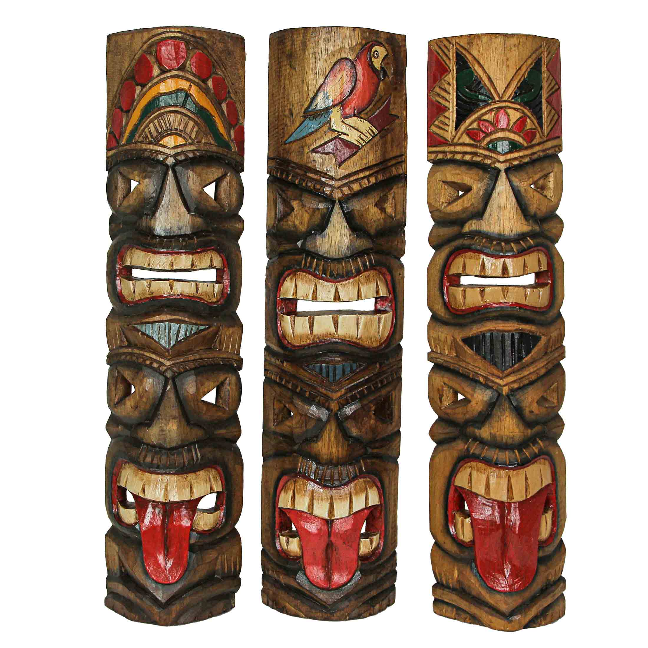Alt View 1. Zeckos - Set of 5 Double Tiki Mask Totem Wall Decor Hand Carved Tribal Sculpture 24 Inch - Multicolored.
