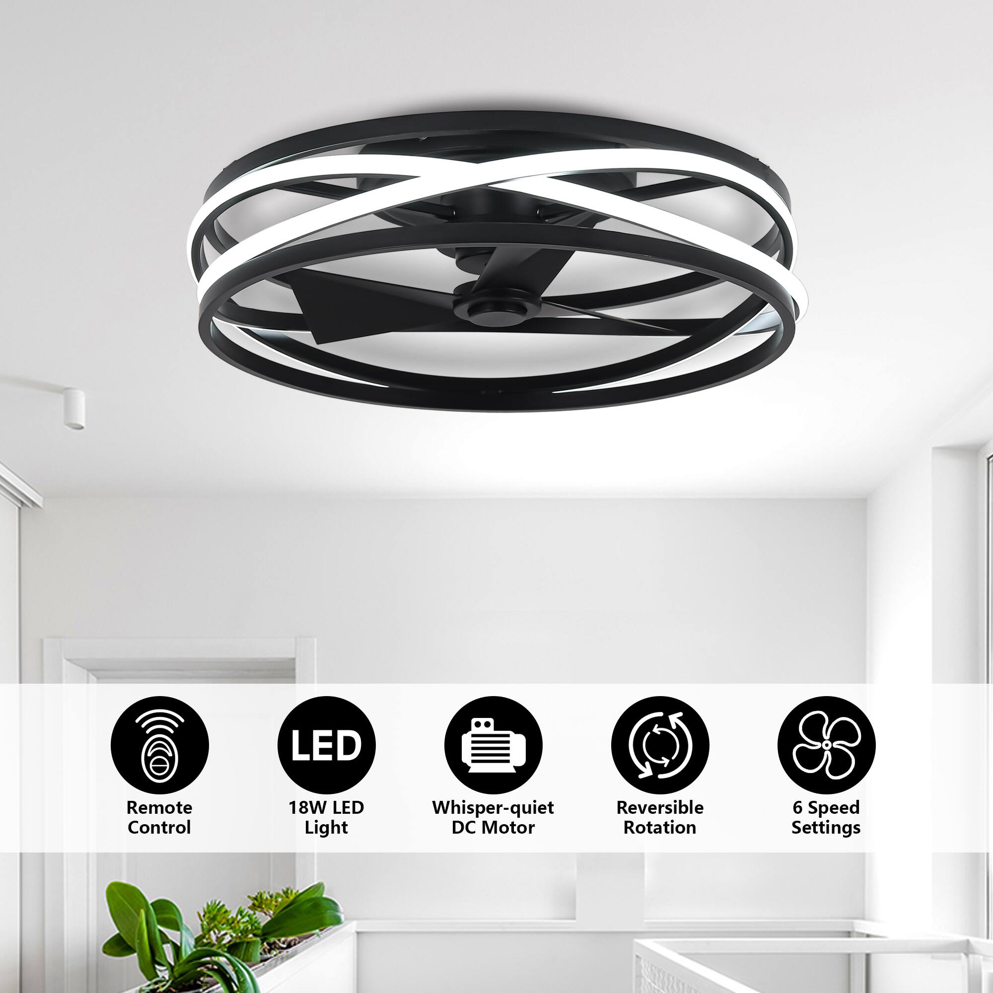 - LED Remote Control
- 18W LED Light
- Whisper-quiet DC Motor
- Reversible Rotation
- 6 Speed Settings
