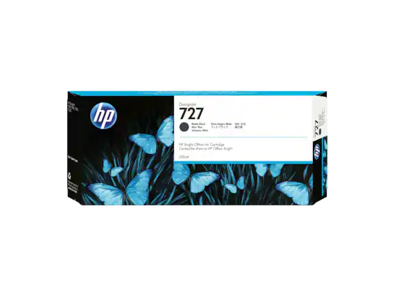 Sure, here is the corrected and grouped text:
---
**HP DesignJet 727**
- **Matte Black**
- Tinta Negra Mate
- Noir Mat
- Schwarz Matt
- **HP Bright Office Ink Cartridge**
- Cartouche d'encre HP Office Bright
- 300 ml
---
This text is from the packaging of an HP DesignJet 727 Matte Black ink cartridge.