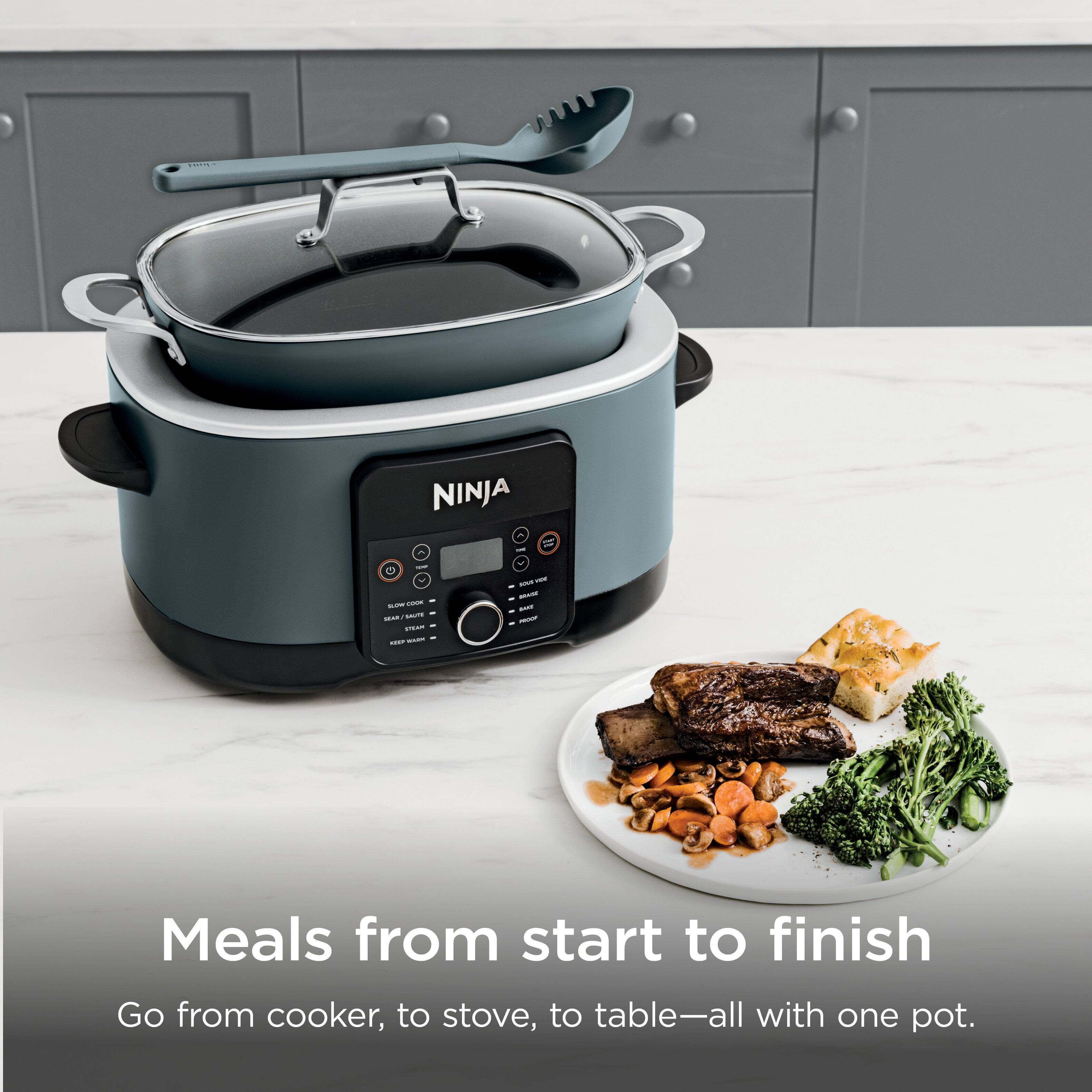 NINJA - UM  
'2020 YOUR SEAR SHUTTLE STEAM AKOP -  
our FOR BRASE BAKE NISP  
Meals from start to finish  
Go from cooker, to stove, to table—all with one pot.