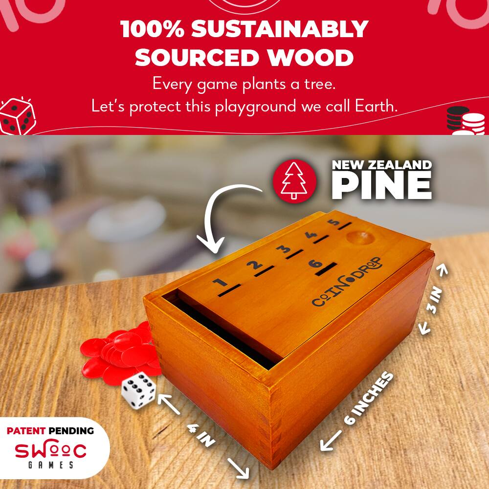 100% SUSTAINABLY SOURCED WOOD  
Every game plants a tree.  
Let's protect this playground we call Earth.  

NEW ZEALAND PINE  

PATENT PENDING  
SWOOC GAMES  

6 INCHES  
4 IN  
3 IN  
3 IN  
6 INCHES
