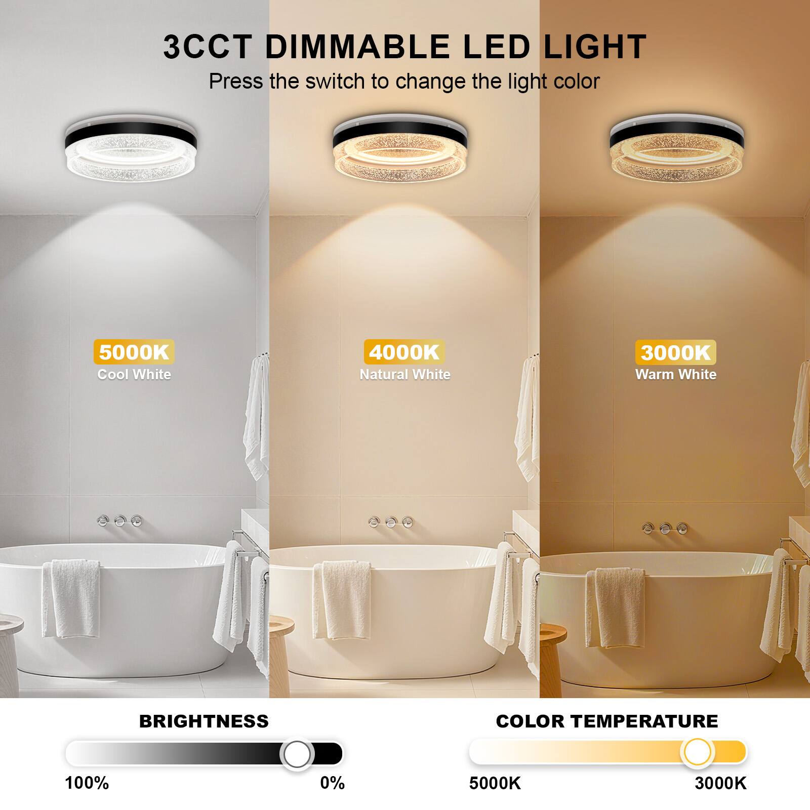 3CCT DIMMABLE LED LIGHT  
Press the switch to change the light color  

5000K Cool White  
4000K Natural White  
3000K Warm White  

BRIGHTNESS  
100% 0%  

COLOR TEMPERATURE  
5000K 3000K