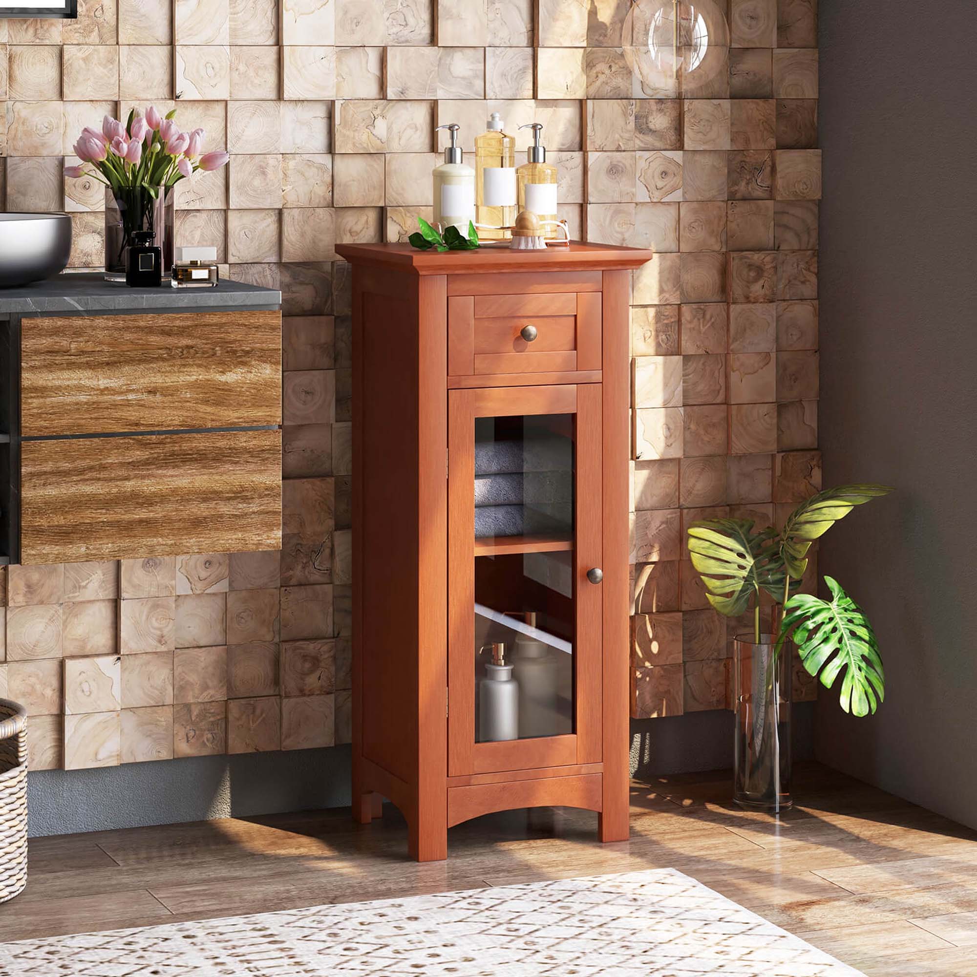 Alt View 1. Costway - Costway Bathroom Floor Cabinet with Single Glass Door Drawer & Adjustable Shelf Brown - Brown.