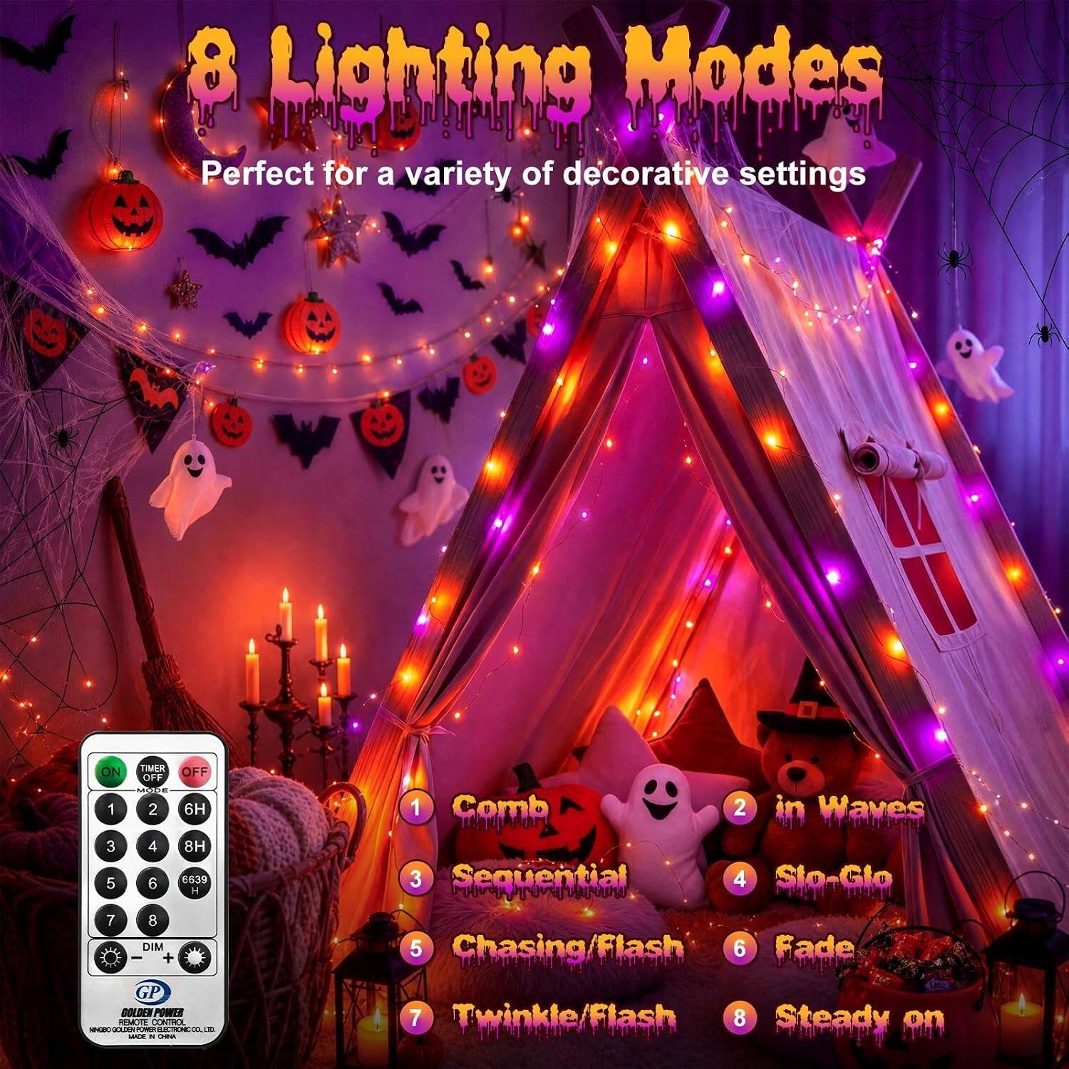 8 Lighting Modes  
Perfect for a variety of decorative settings

1. Comb
2. in Waves
3. Sequential
4. Sto-Glo
5. Chasing/Flash
6. Fade
7. Twinkle/Flash
8. Steady on

ON 1  
TIMER OFF OFF MODE 2 6H  
3 4 8H 6639 H  
DIM + GP GOLDEN POWER REMOTE CONTROL