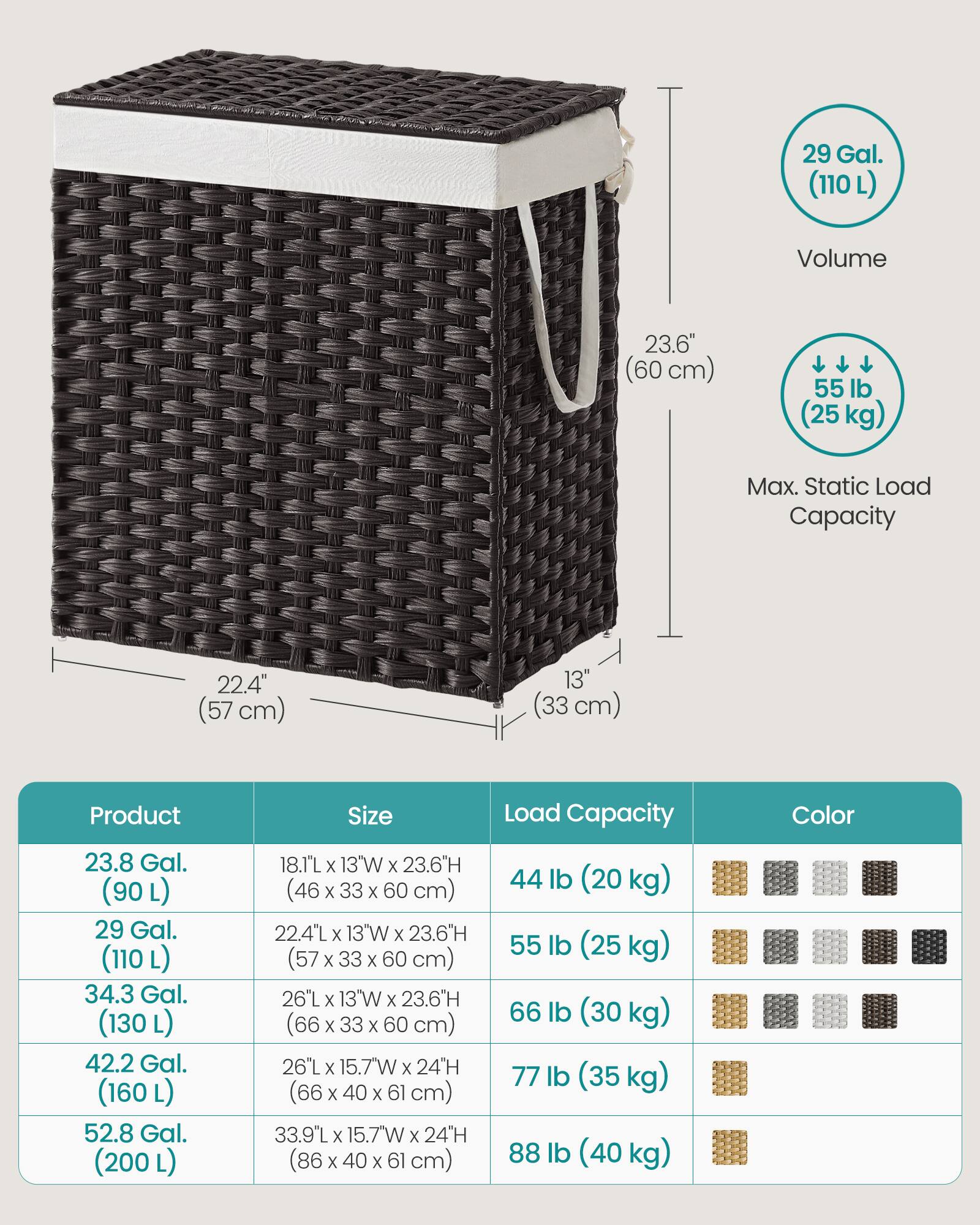 29 Gal. (110 L)  
Volume  
23.6" (60 cm)  
55 lb (25 kg) Max. Static Load Capacity  
22.4" (57 cm)  
13" (33 cm)  

Product | Size | Load Capacity | Color  
--- | --- | --- | ---  
23.8 Gal. (90 L) | 18.1L x 13"W x 23.6"H (46 x 33 x 60 cm) | 44 lb (20 kg) |  
29 Gal. (110 L) | 22.4L x 13"W x 23.6"H (57 x 33 x 60 cm) | 55 lb (25 kg) |  
34.3 Gal. (130 L) | 26"L x 13"W x 23.6"H (66 x 33 x 60 cm) | 66 lb (30 kg) |  
42.2 Gal. (160 L) | 26"L x