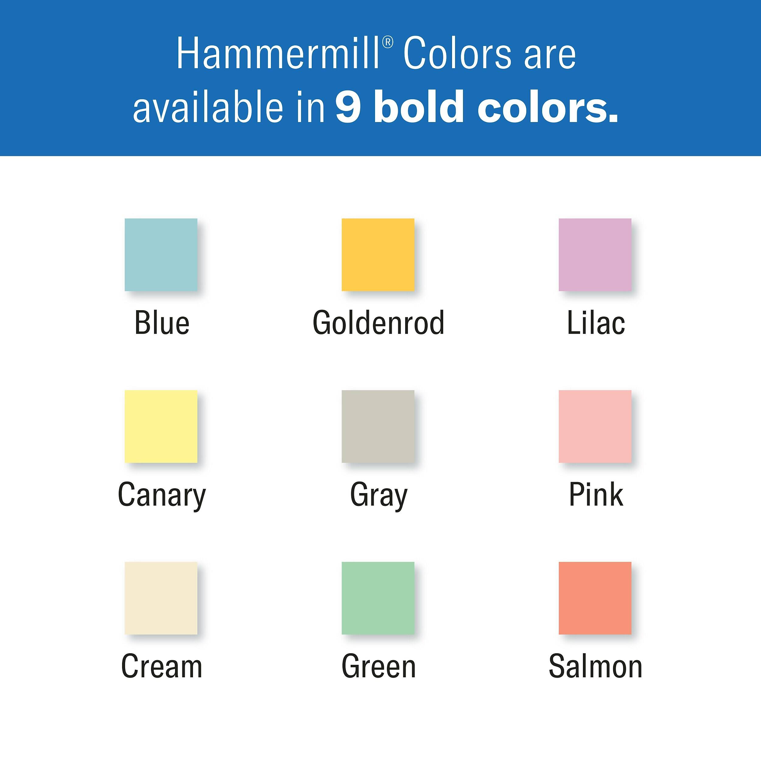 Hammermill® Colors are available in 9 bold colors.

Blue
Goldenrod
Lilac
Canary
Gray
Pink
Cream
Green
Salmon