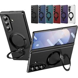 Dteck - Case for Samsung Galaxy Z Fold6 Built-in Screen Protector, Leather Hinge Protection Cover Magnetic Ring Kickstand - Black