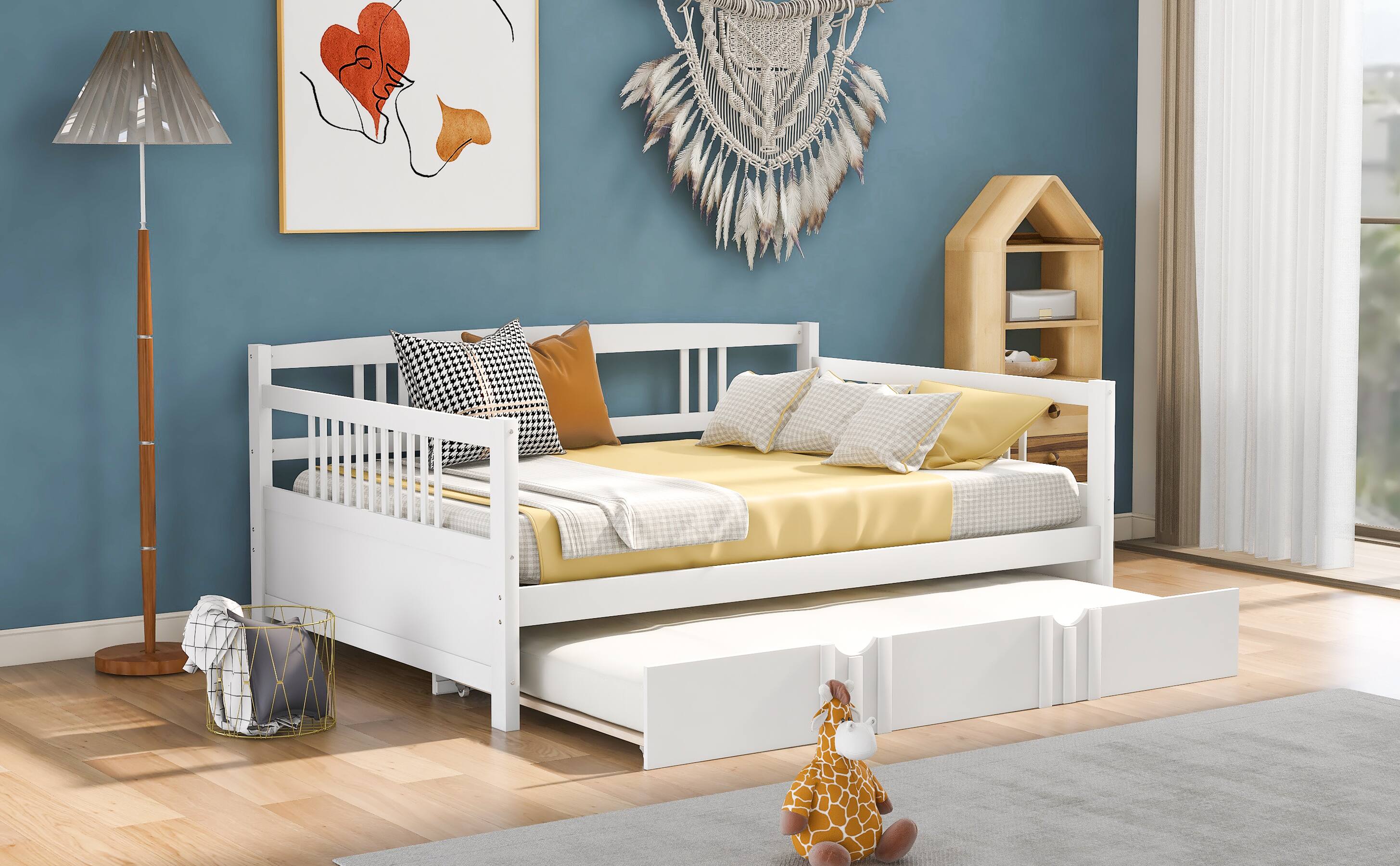 Left. Tiramisubest - Full Size Daybed Wood Bed with Twin Size Trundle,White - White.