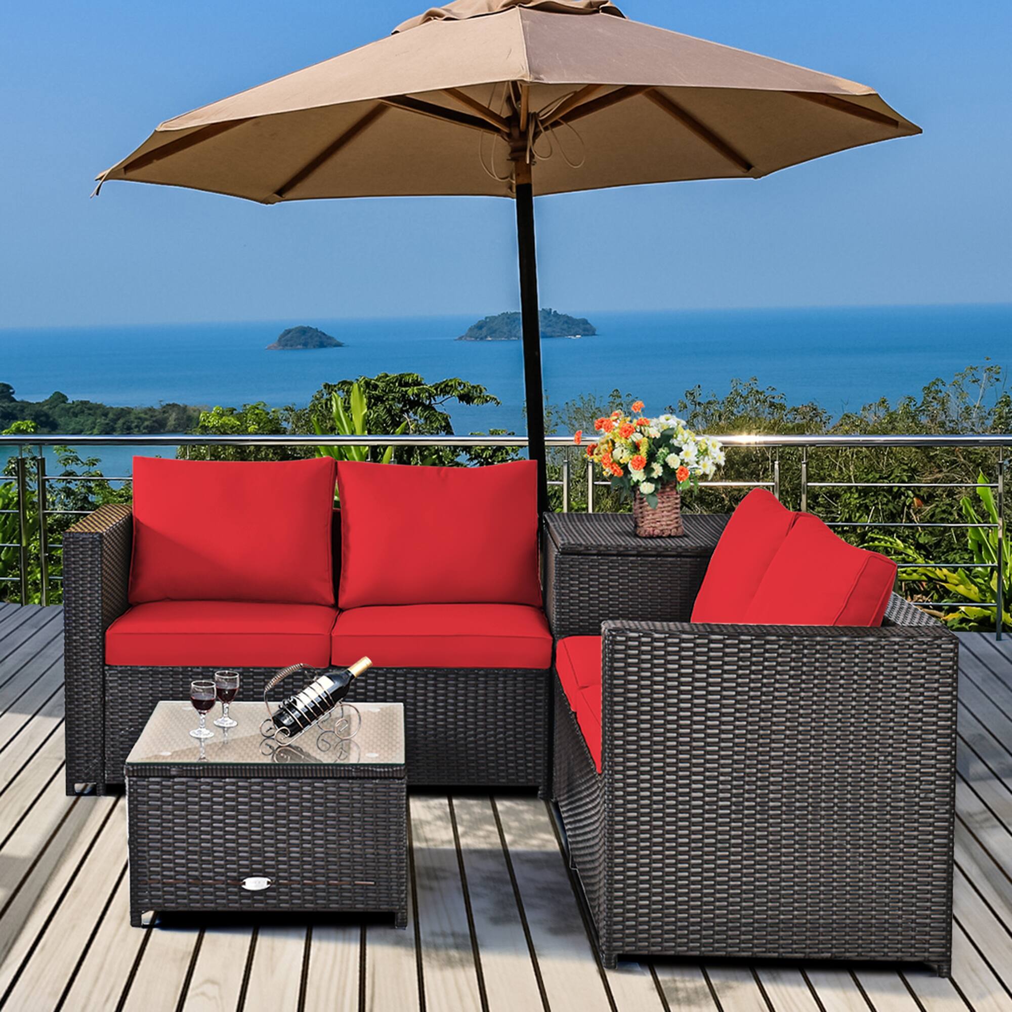 Alt View 4. Gymax - Gymax 8PCS Cushioned Rattan Patio Conversation Set w/ Side Table Red Cushion - Brown.