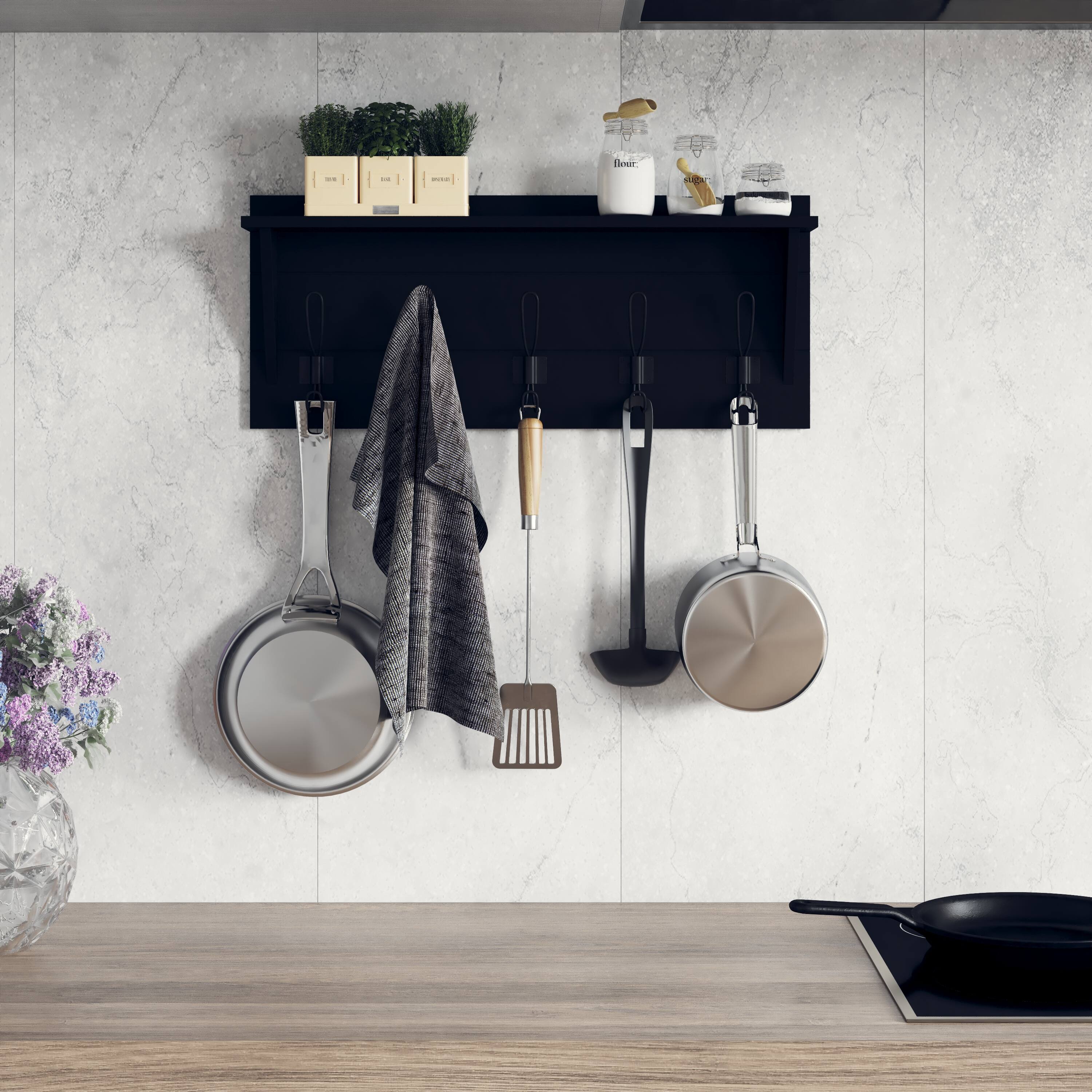 Alt View 4. Emma + Oliver - Alcott Rustic Country Wall Mounted Entryway Shelf with 5 Rustic Hooks and Wood Construction - Black.