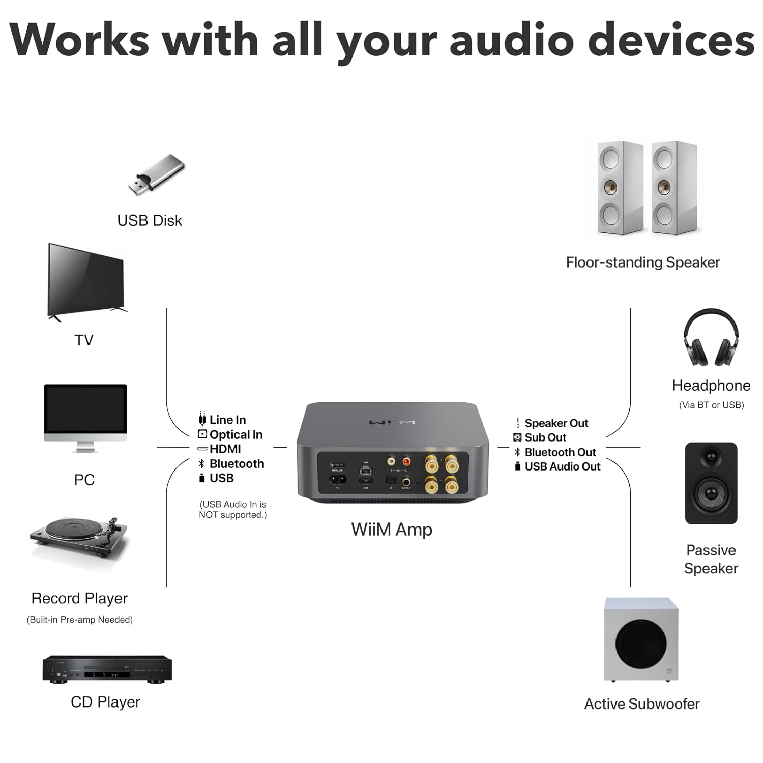 Works with all your audio devices

- USB Disk
- Floor-standing Speaker
- TV
- PC
- Line In
- Optical In
- HDMI
- Bluetooth
- USB
- (USB Audio In is NOT supported.)
- WiiM Amp
- Passive Speaker
- Headphone (Via BT or USB)
- Speaker Out
- Sub Out
- Bluetooth Out
- USB Audio Out
- Record Player (Built-in Pre-amp Needed)
- CD Player
- Active Subwoofer