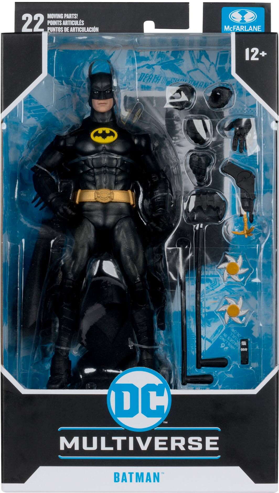 The text on the image reads: "Moving parts! 22 points of articulation. Death on McFarlane 12+ points of articulation. DC Multiverse Batman."