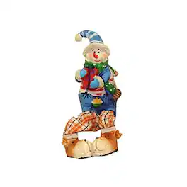 CC Christmas Decor - 5.5" Festive and Orange Plaid Sitting Snowman Christmas Table Top Figure - Blue