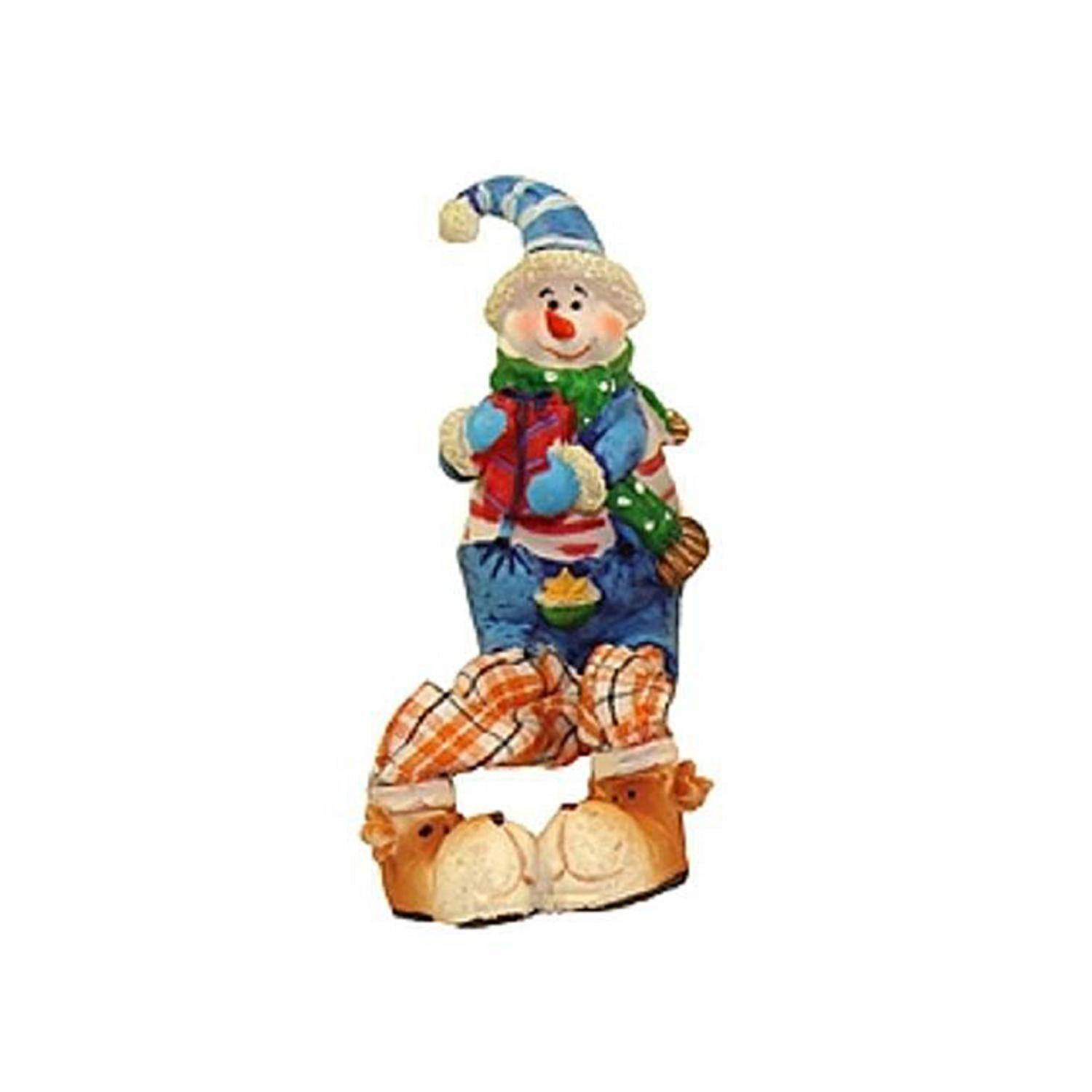 Front. CC Christmas Decor - 5.5" Festive Blue and Orange Plaid Sitting Snowman Christmas Table Top Figure - Blue.