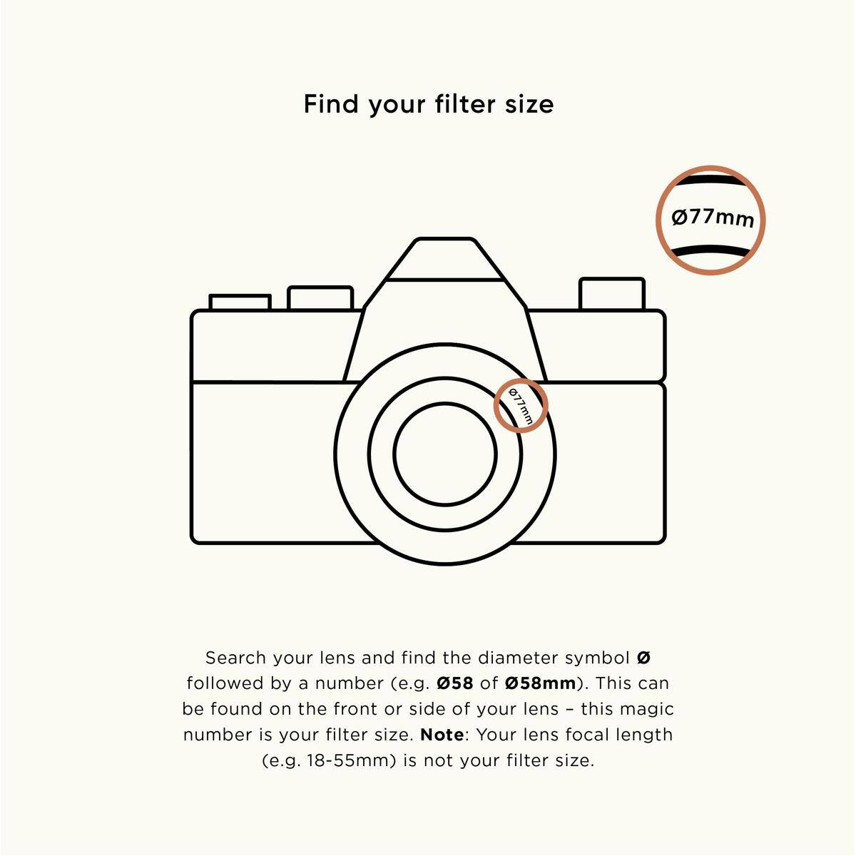 Find your filter size

Search your lens and find the diameter symbol (e.g. Ø58 of Ø58mm). This can be found on the front or side of your lens – this magic number is your filter size. Note: Your lens focal length (e.g. 18-55mm) is not your filter size.
