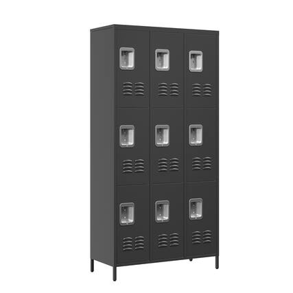 Front. Mirfee - 9-Door Metal Locker with Lock, 72"H Storage Cabinet for School Gym - Black.