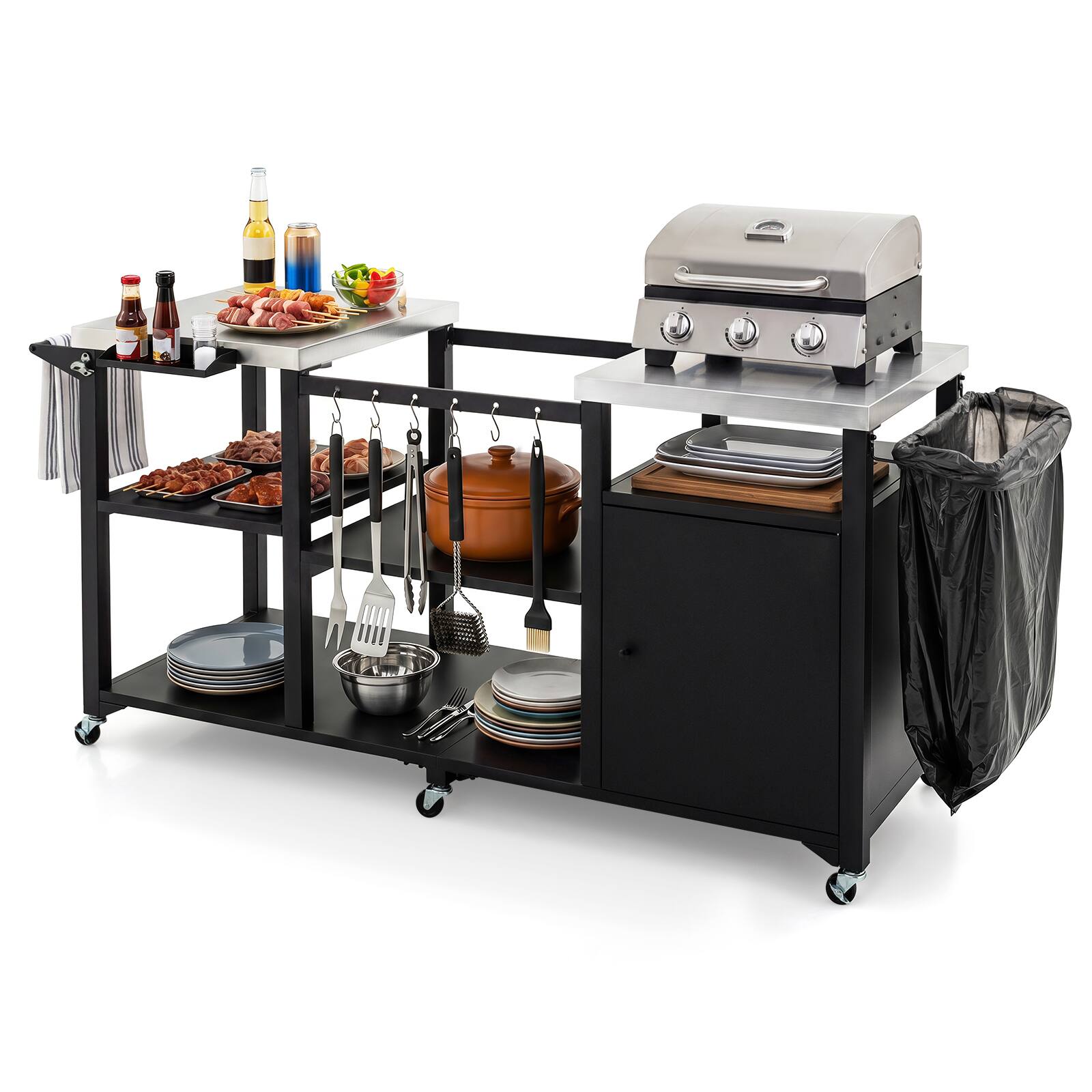 Costway Outdoor Grill Cart with Cabinet Stainless Steel Tabletop Hooks ...