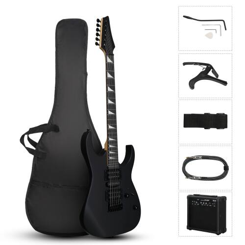 Front. Winado - 39 Inch Solid Body 6 String 170 Style Electric Guitar with 20W AMP H-H Pickup for Beginner with Portable Bag - Black.
