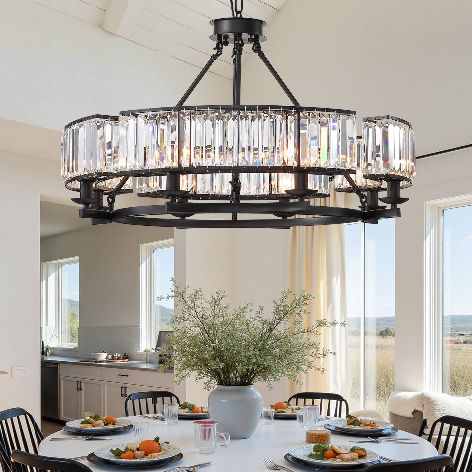 Left. Siljoy - 31.5" 8-Light Black Farmhouse Round Crystal Chandelier, Adjustable Chain Pendant Light for Dining Room Kitchen Island - Black.
