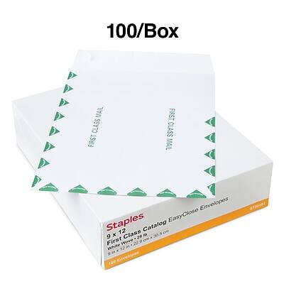 100/Box  
FIRST CLASS MAIL  
Staples  
9 x 12 Catalog EasyClose Envelopes  
First Class Mail  
9 x 12  
100 per Box  
First Class Mail  
9 x 12  
First Class Mail  
9 x 12