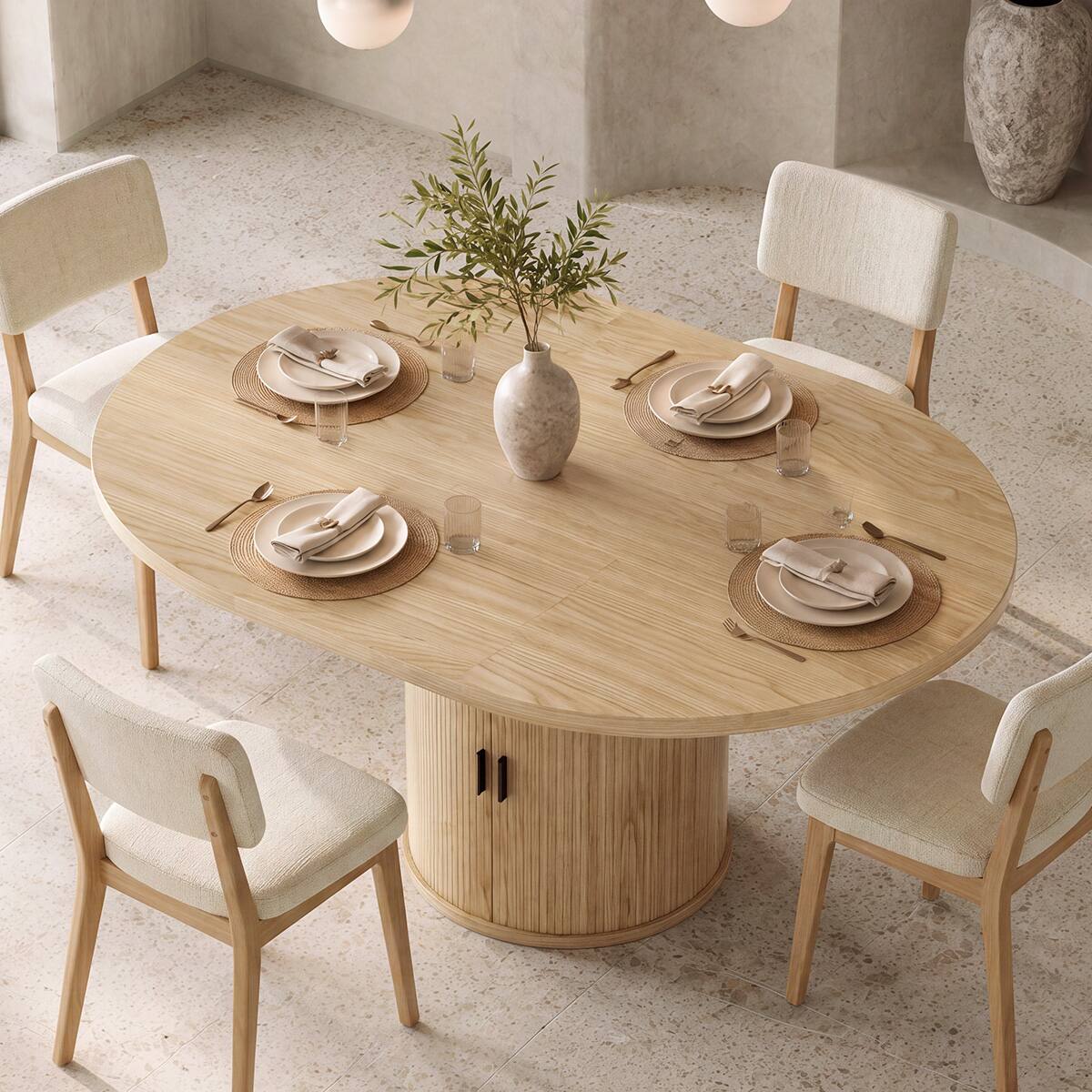 Alt View 8. Dyonery - Extendable Dining Table 43-59" for 4-6 People, Round Kitchen Table with Fluted Slide Door & 8-Compartment Storage - Nature.