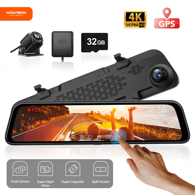 WOLFBOX - 12" 4K Mirror Dash Cam - Black
