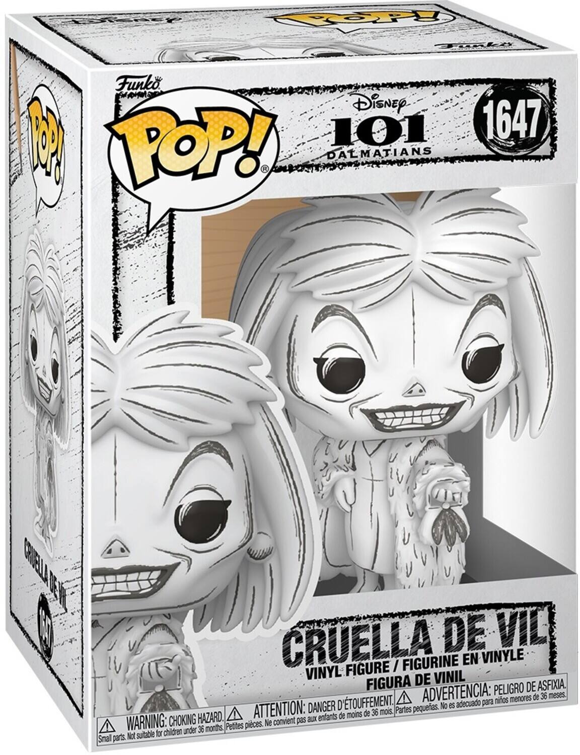 Sure, here is the corrected and grouped text from the image:

---

**Funko POP!**

**Disney 101 Dalmatians**

**1647**

**CRUELLE DE VIL**

**VINYL FIGURE / FIGURINE EN VINYLE / FIGURA DE VINIL**

**WARNING: CHOKING HAZARD. Small parts. Not suitable for children under 36 months.**

**ATTENTION: DANGER D'ÉTOUFFEMENT. Petites pièces. Ne convient pas aux enfants de moins de 36 mois.**

**ADVERTENCIA: PEORIGRO DE ASFIXIA. Partes pequeñas. No es adecuado para niños menores de 36 meses.**

---

This text is from the packaging of a Funko Pop! vinyl figure of Cruella de Vil from Disney's 101 Dalmatians.