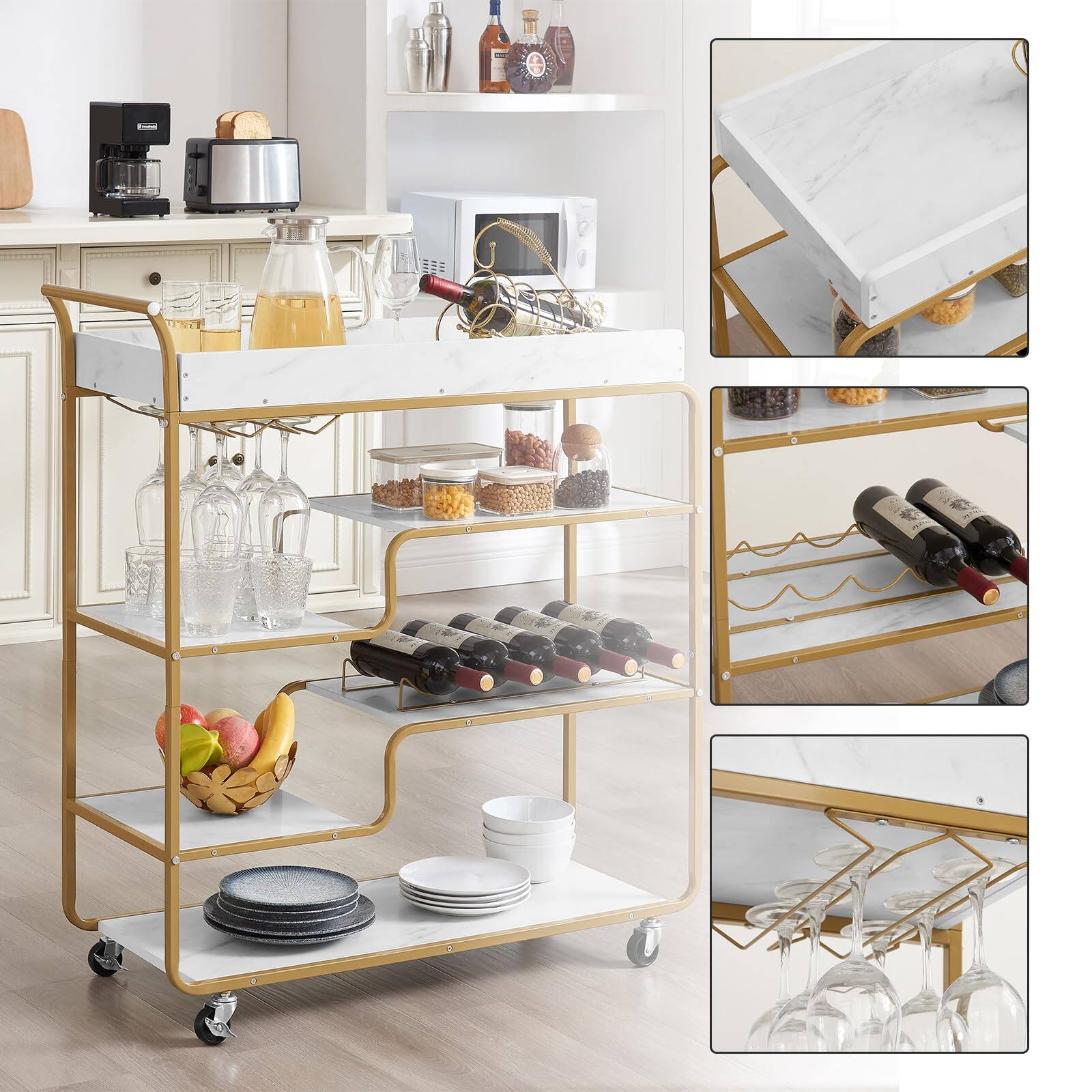 Alt View 4. Ecooso - 6-Tier Bar Cart with Wine Rack, Glass Holder, and Retro Design - Gold.
