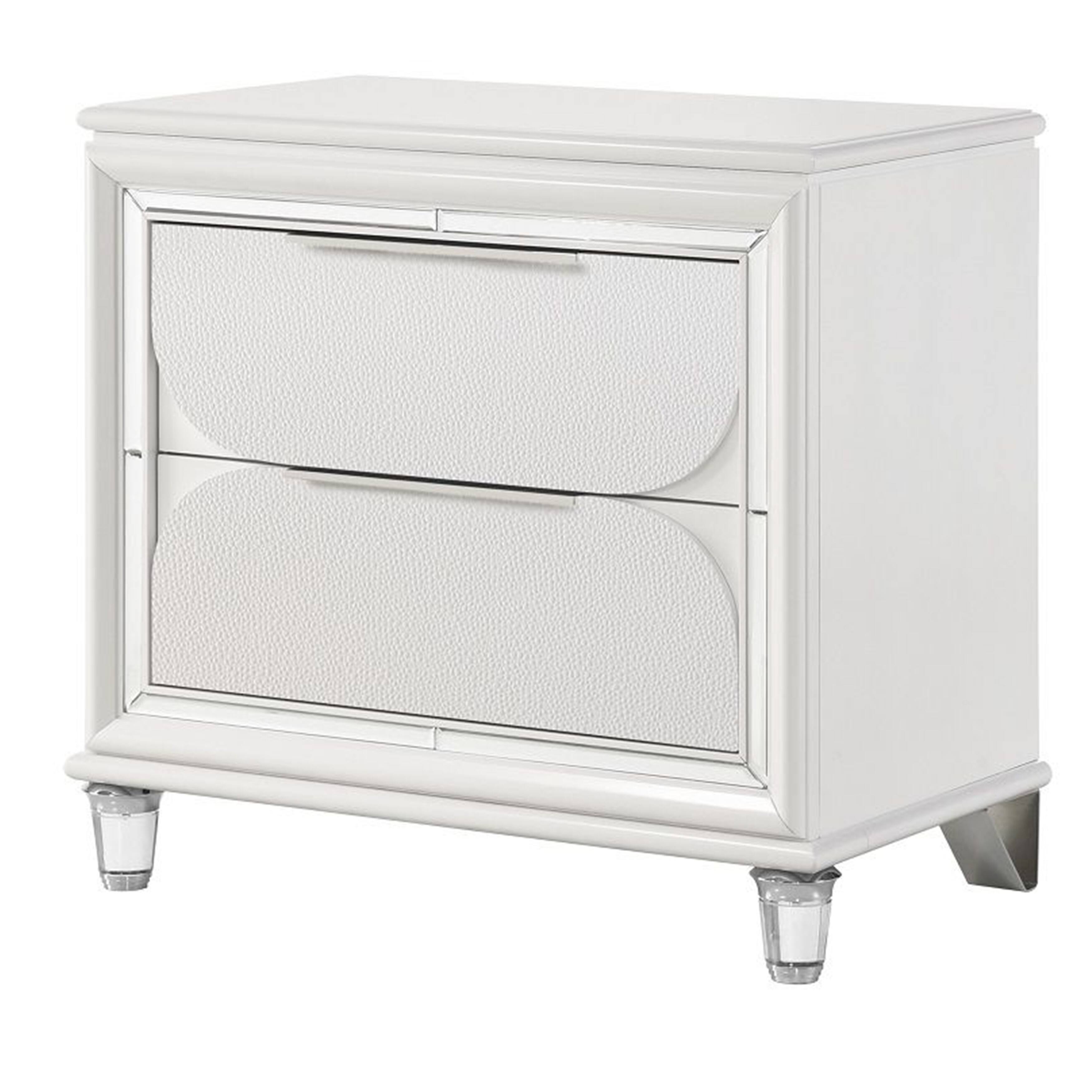 Manhattan Lane - Rara 30 Inch Nightstand, 2 Drawers, Mirror Trim, Acrylic Legs - White, Silver
