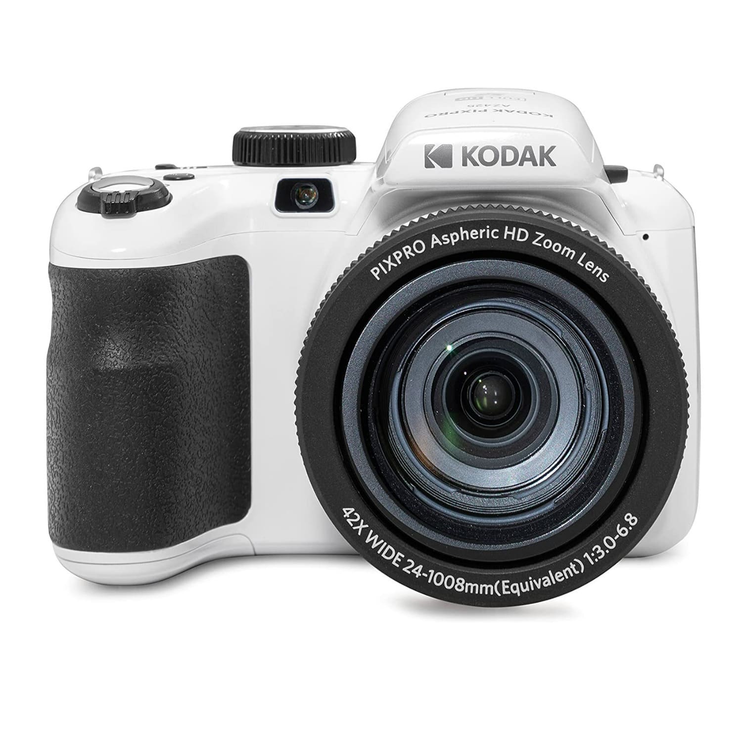 The text on the image reads: "Duarid KODAR KODAK Aspheric HD PIXPRO Zoom Lens 42X WIDE wawr.anoc.mconeama/a.0c0 1:3.0-6.8 24-1008mm(Equivalent)".