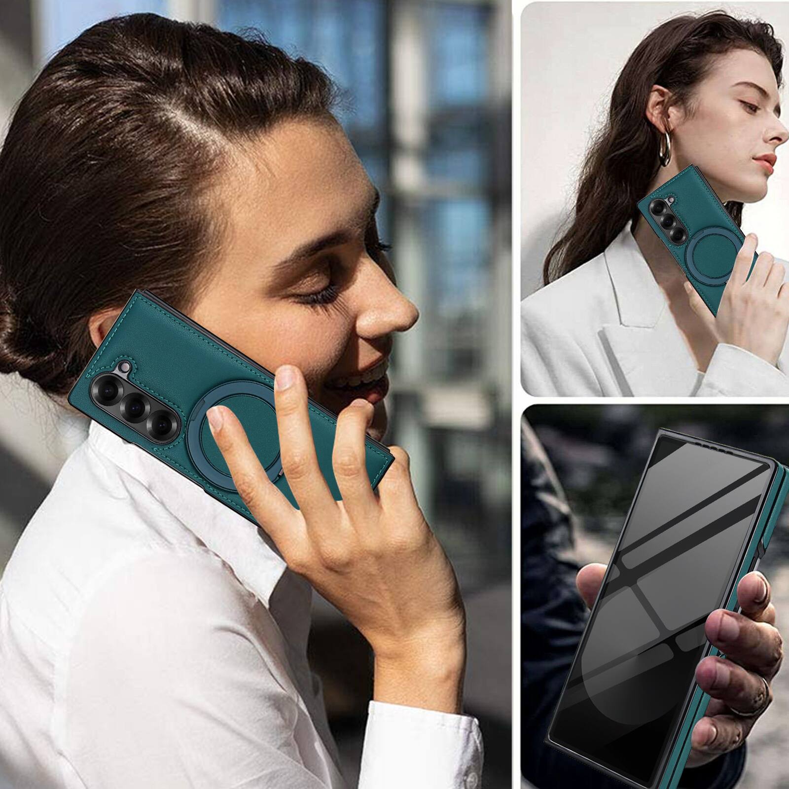 Alt View 4. Dteck - Magnetic Case for Samsung Galaxy Z Fold6 with Ring Kickstand,Built-in Screen Protector,Faux Leather Shockproof Cover - Green.