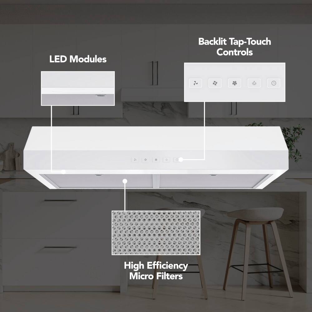 The text on the image reads: "LED Modules Backlit Tap-Touch Controls High Efficiency Micro Filters."